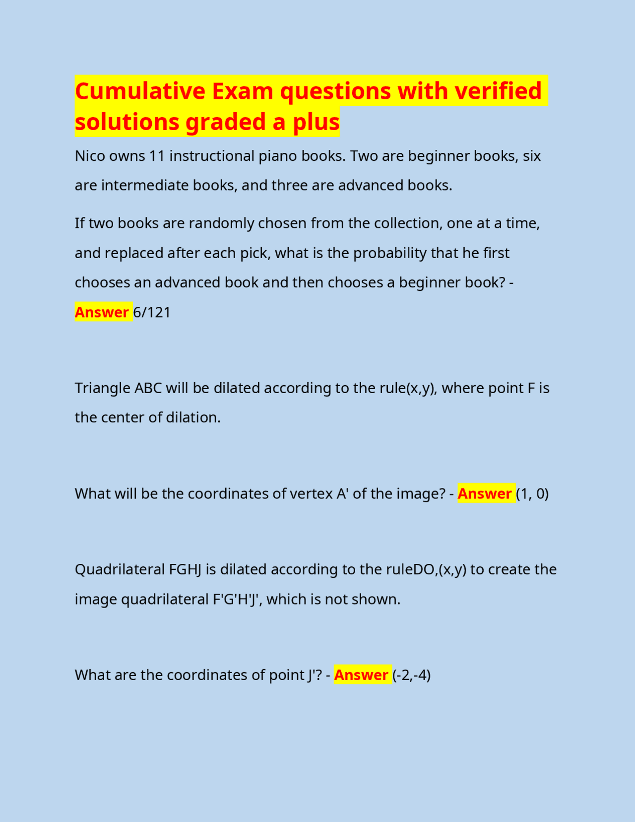Cumulative Exam Questions with Verified Solutions: Algebra, Geometry ...