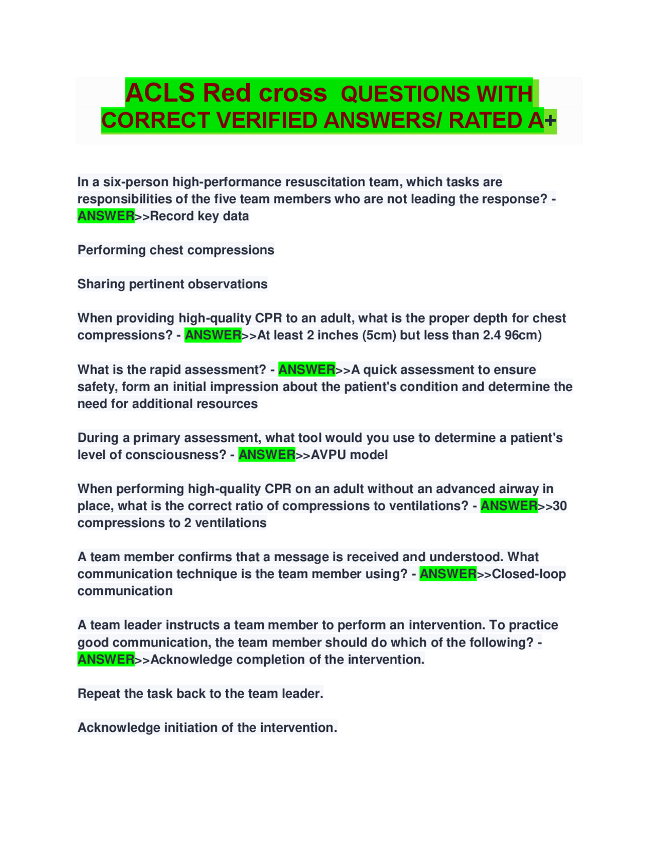 ACLS RED CROSS 2025 EMAM QUESTIONS AND ANSWERS | Exams Nursing | Docsity