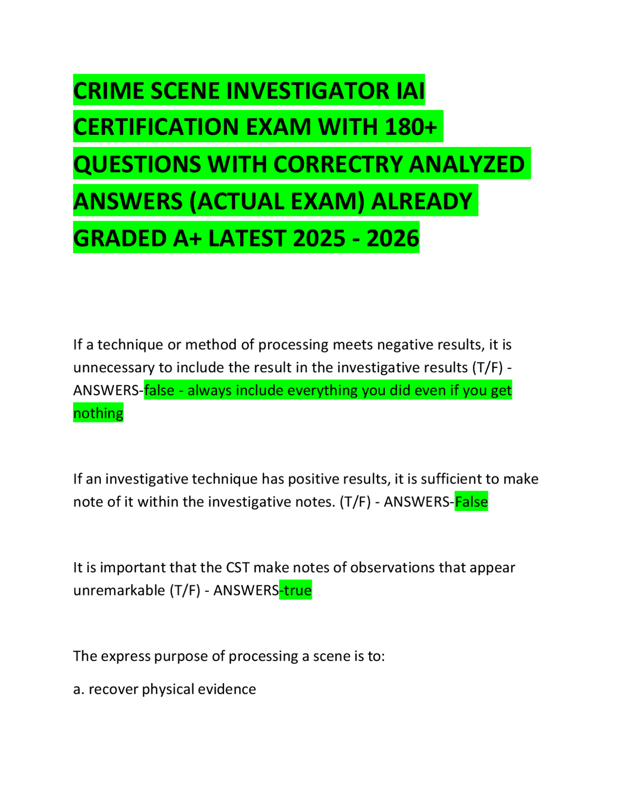 Crime Scene Investigation Certification Exam Questions and Answers ...