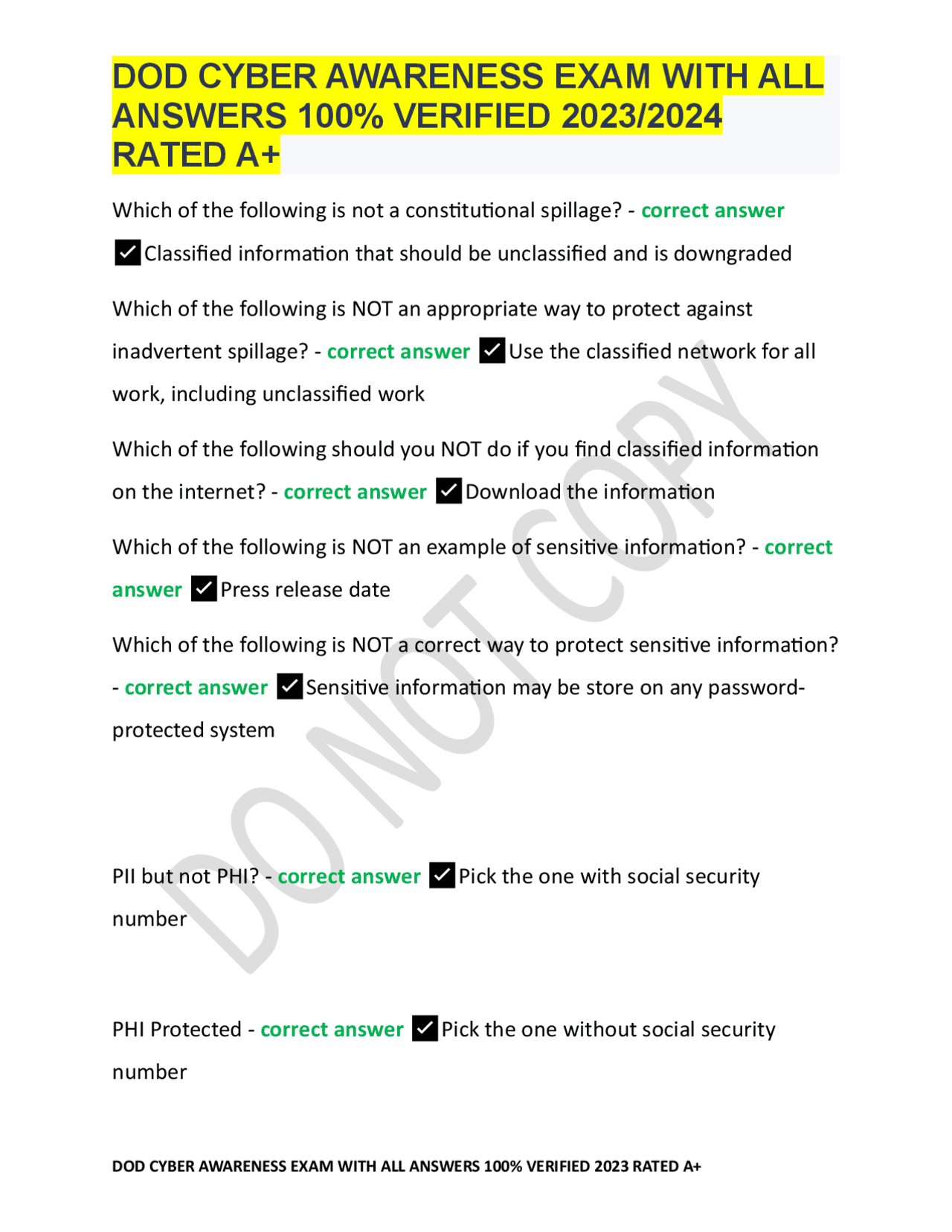 DOD CYBER AWARENESS EXAM WITH ALL ANSWERS 100% VERIFIED 2023/2024 RATED ...