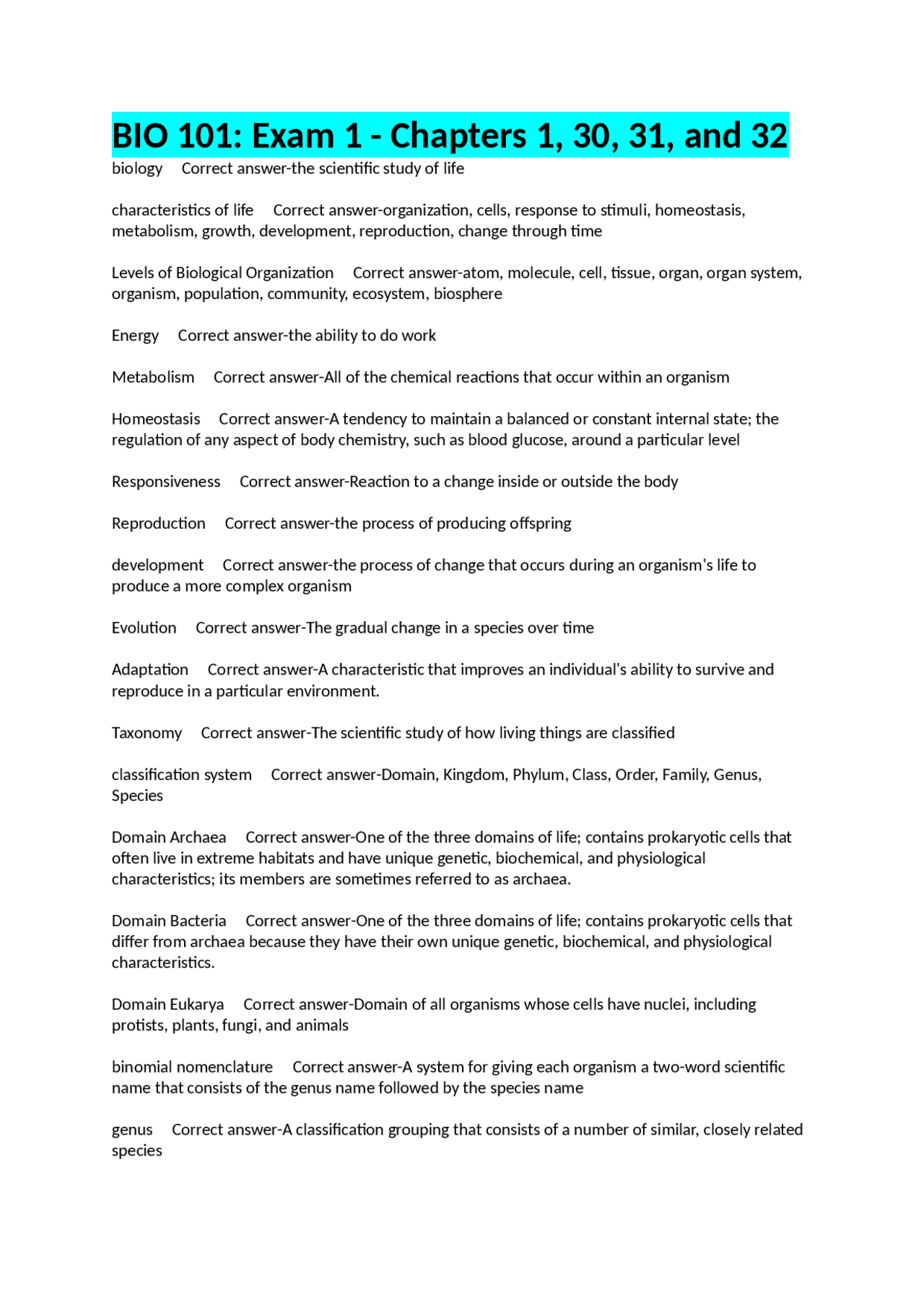 BIO 101 Exam 1: Comprehensive Review of Chapters 1, 30, 31, and 32 ...