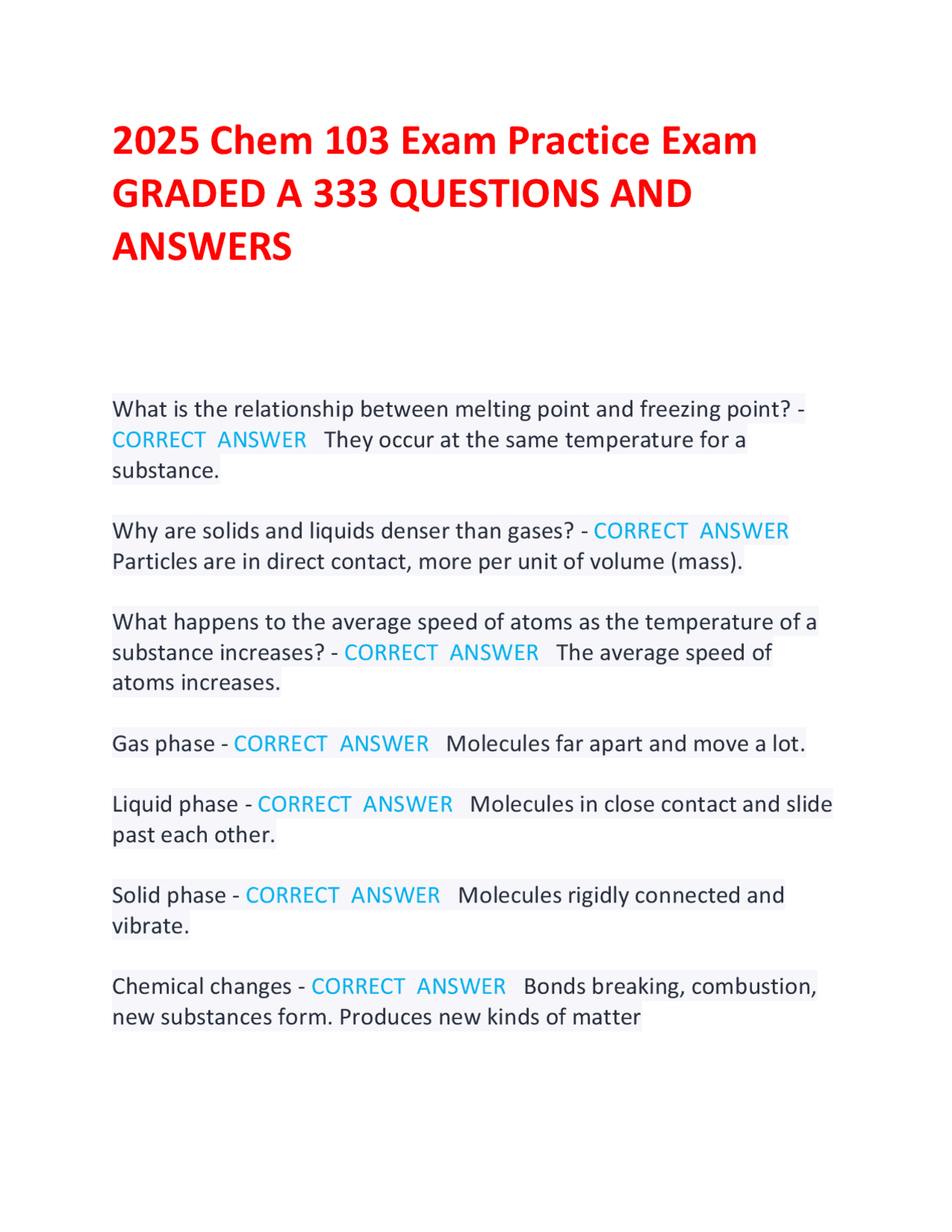 2025 Chem 103 Exam Practice Exam GRADED A 333 QUESTIONS AND ANSWERS ...