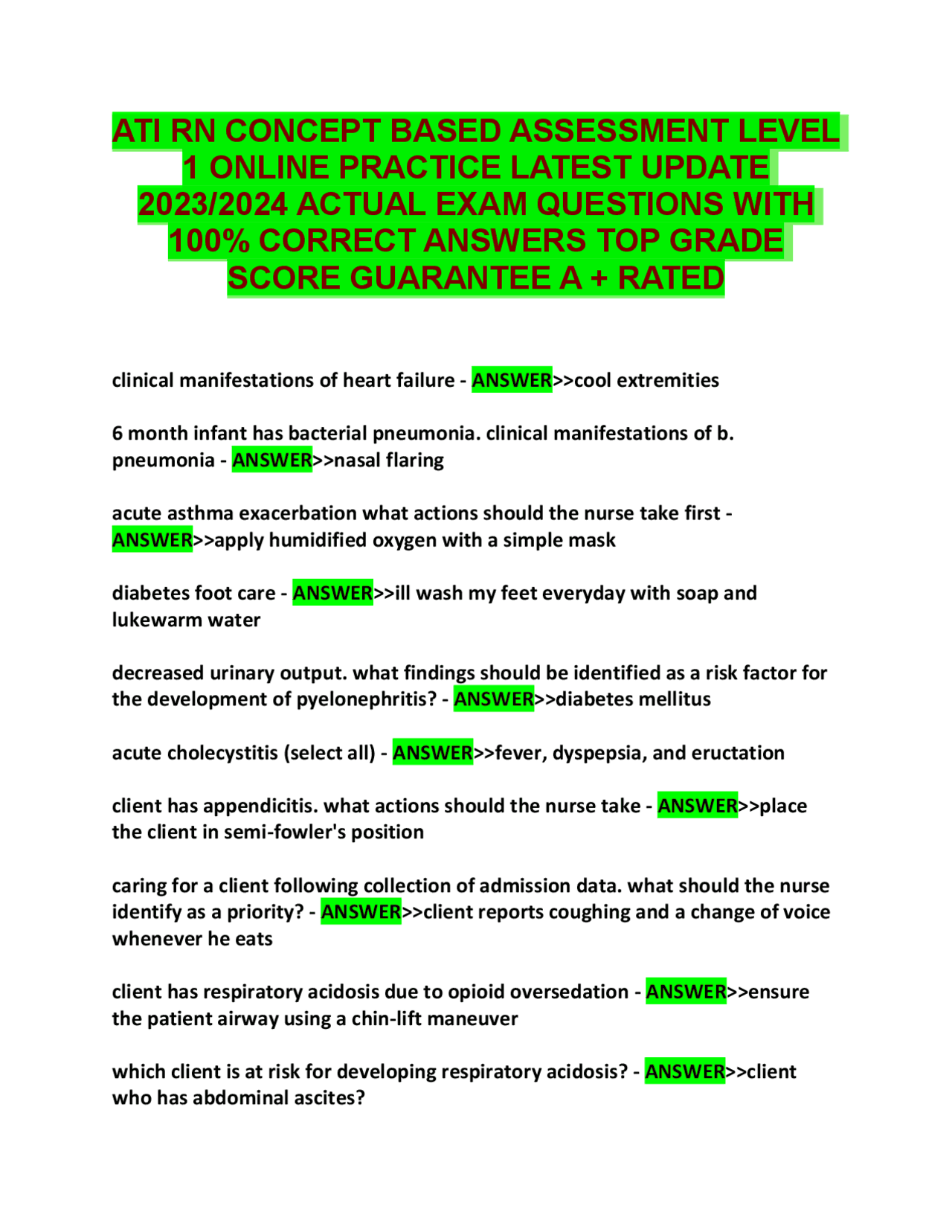 ATI RN CONCEPT BASED ASSESSMENT LEVEL 1 ONLINE PRACTICE LATEST UPDATE ...