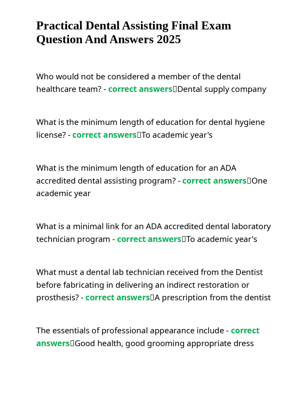 Practical Dental Assisting Final Exam Questions and Answers | Exams ...