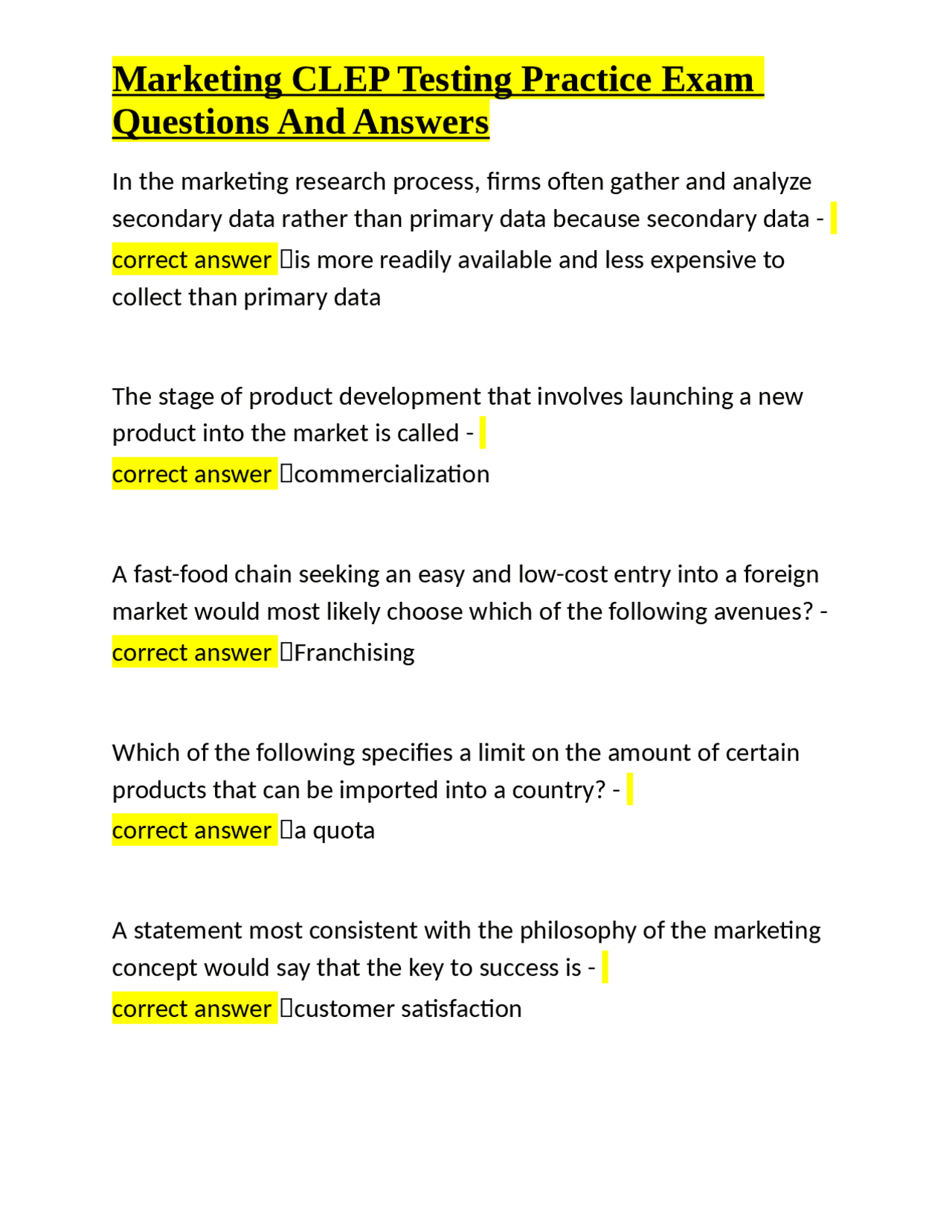 Marketing CLEP Testing Practice Exam Questions And Answers | Exams ...