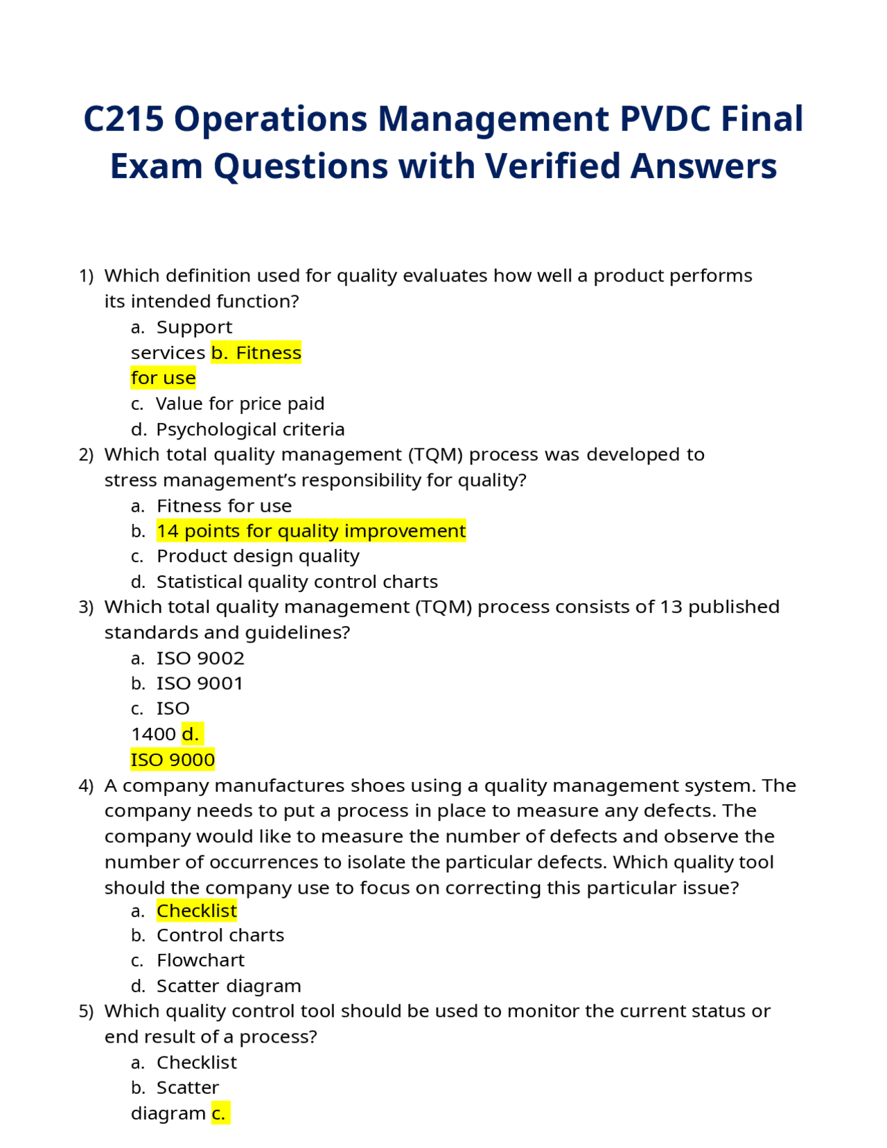 C215 Operations Management PVDC Final Exam Questions with Verified ...