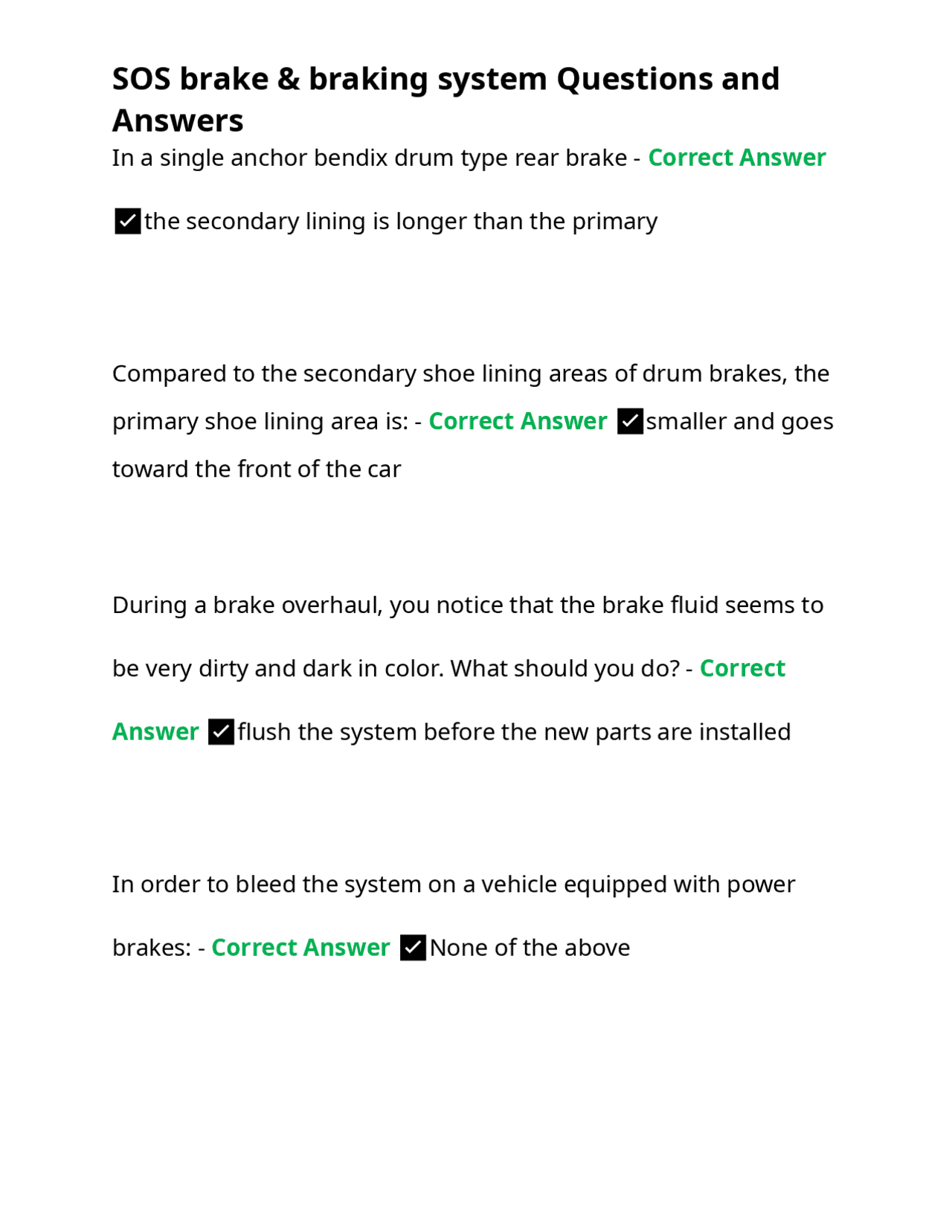 Automotive Braking Systems: Questions and Answers | Exams Nursing | Docsity