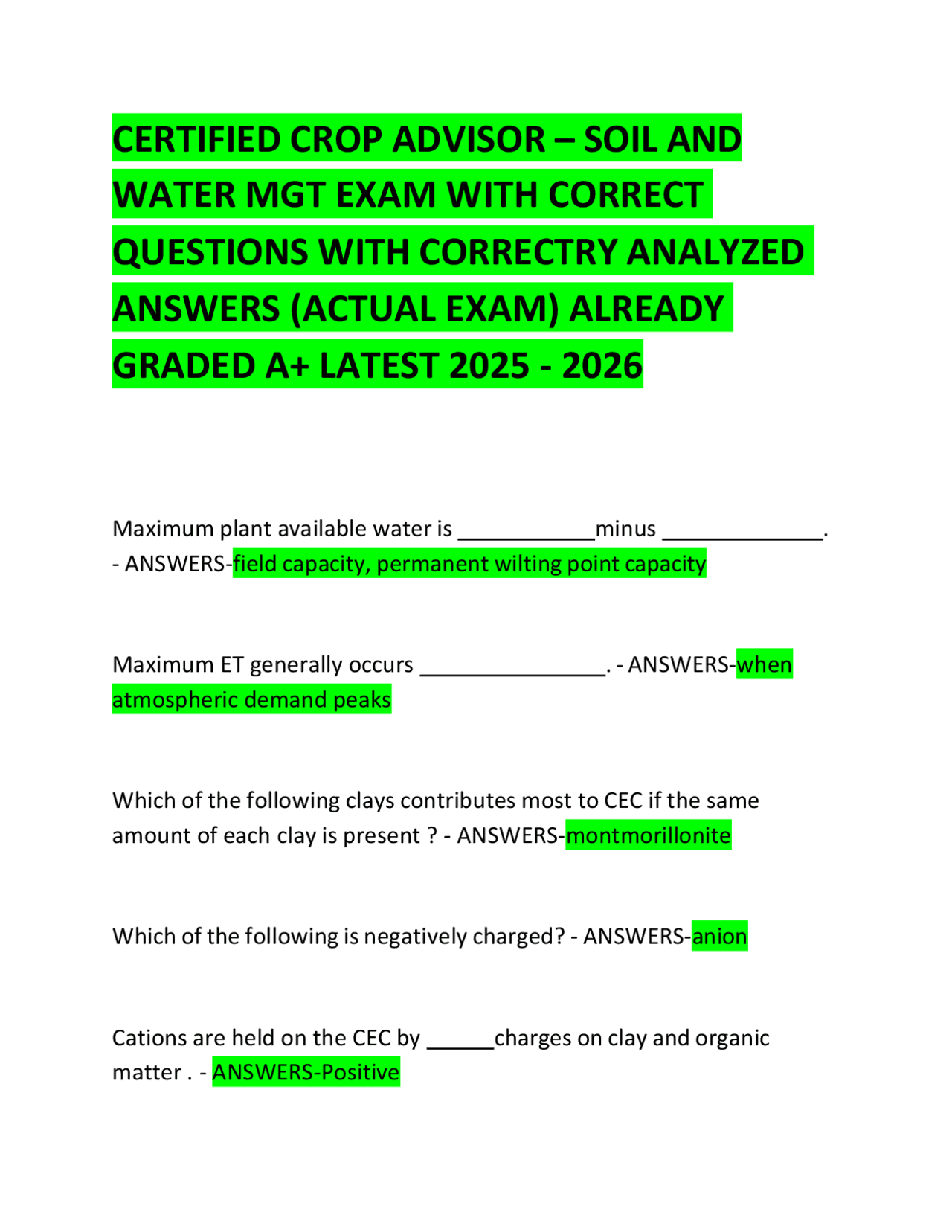 Certified Crop Advisor Exam: Soil and Water Management Questions and ...