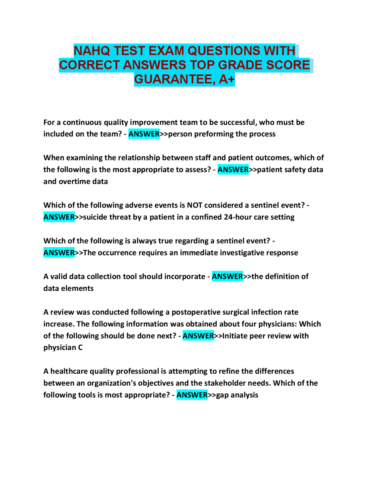 NAHQ TEST EXAM QUESTIONS WITH CORRECT ANSWERS TOP GRADE SCORE GUARANTEE ...