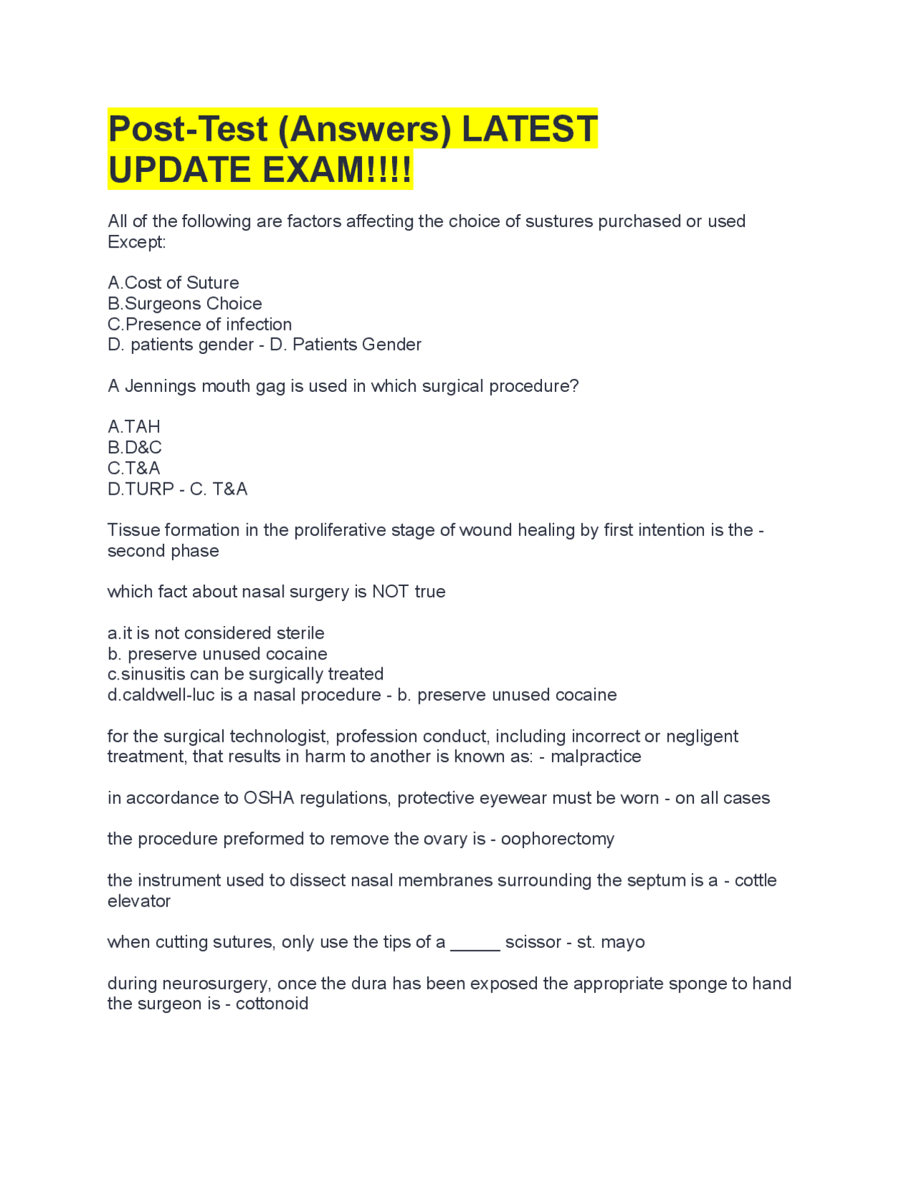 Post Exam Example Post-Test (Answers) LATEST UPDATE EXAM!!!! | Exams Advanced Education ...