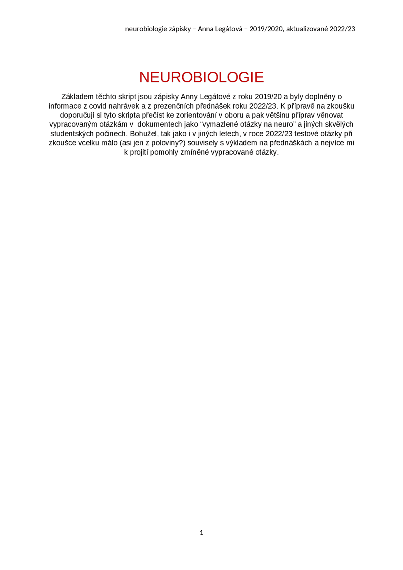 NEUROBIOLOGIE- aktualizované zápisky | Study notes Neuroscience | Docsity