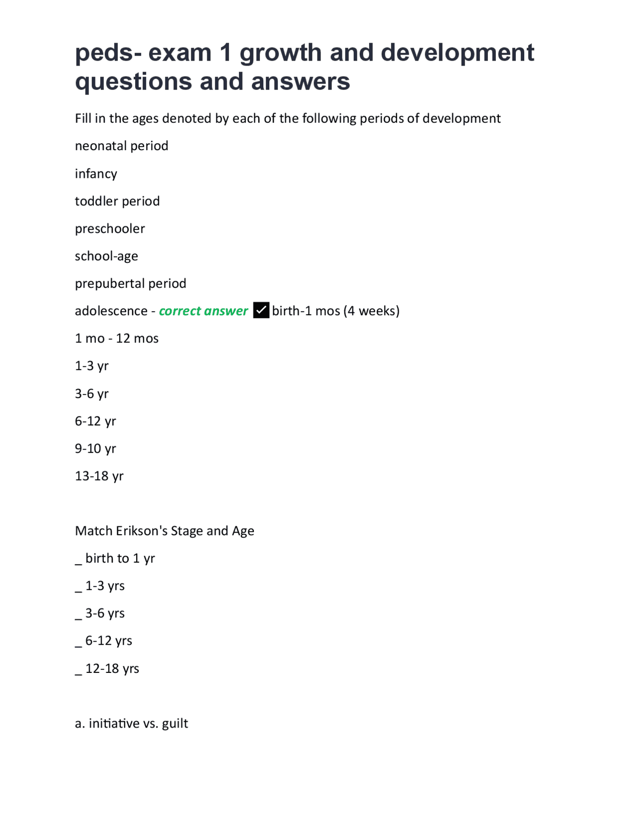 peds- exam 1 growth and development questions and answers | Exams ...