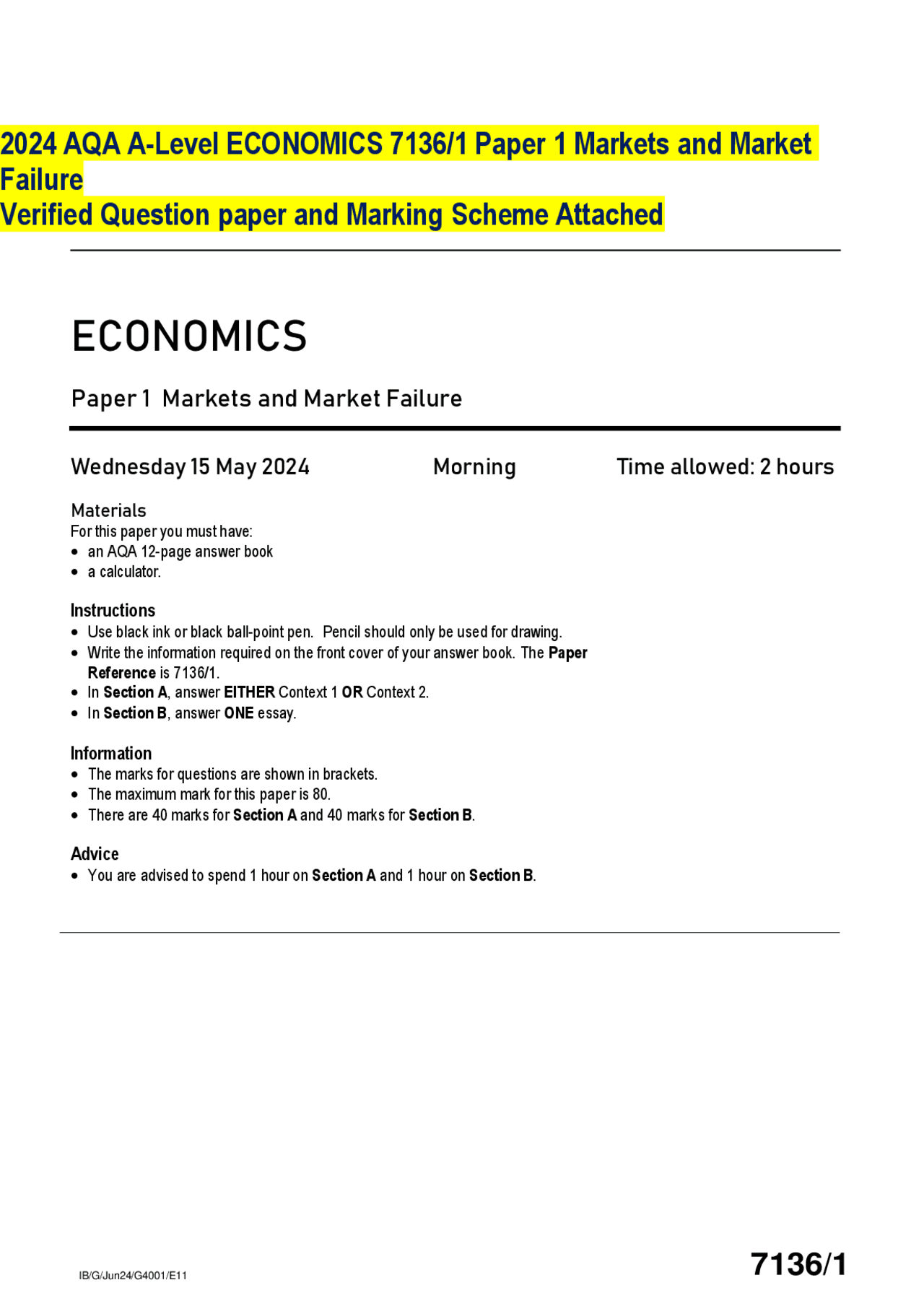 2024 AQA A-Level ECONOMICS 7136/1 Paper 1 Markets and Market Failure ...