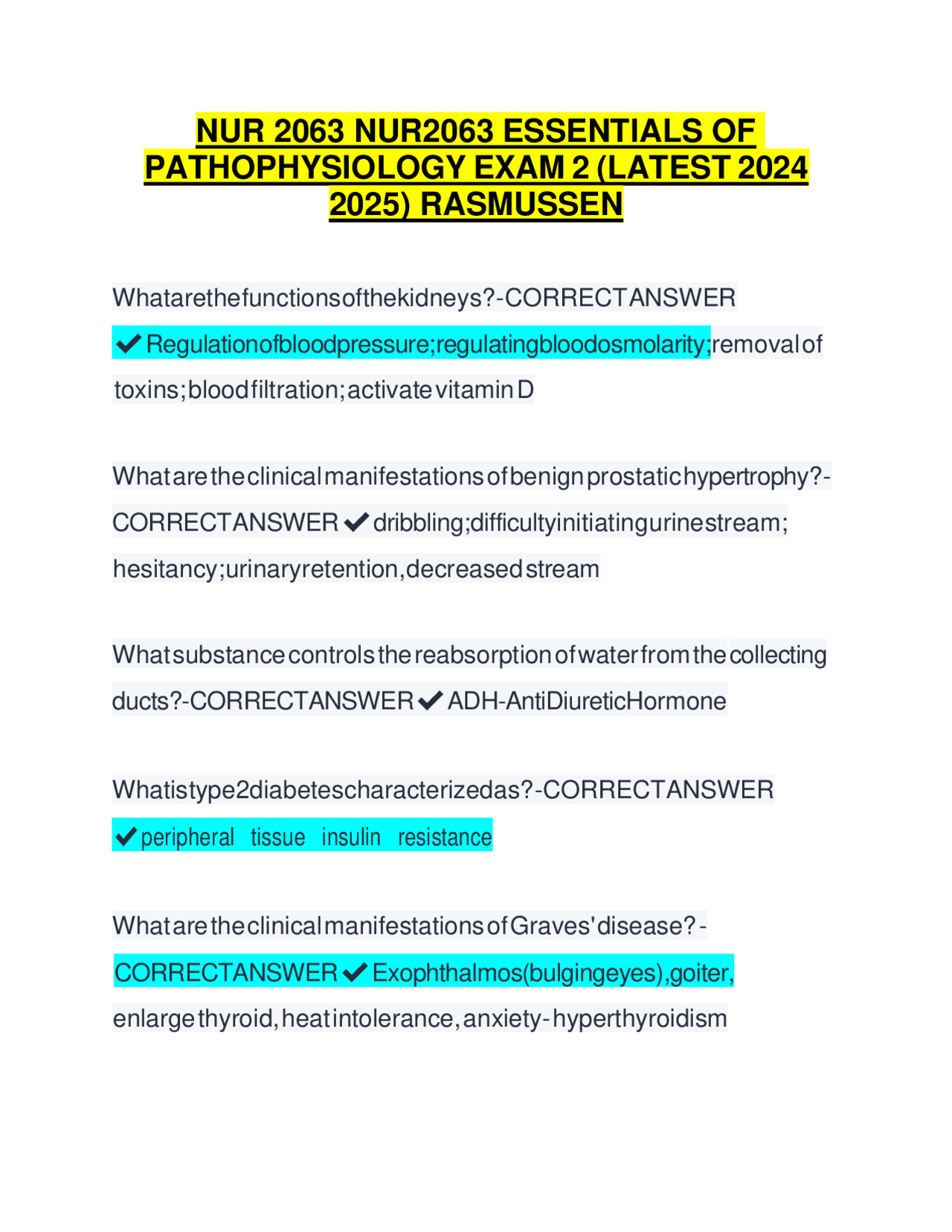 NUR 2063: Essentials of Pathophysiology Exam 2 Review Questions and Answers | Exams Nursing ...