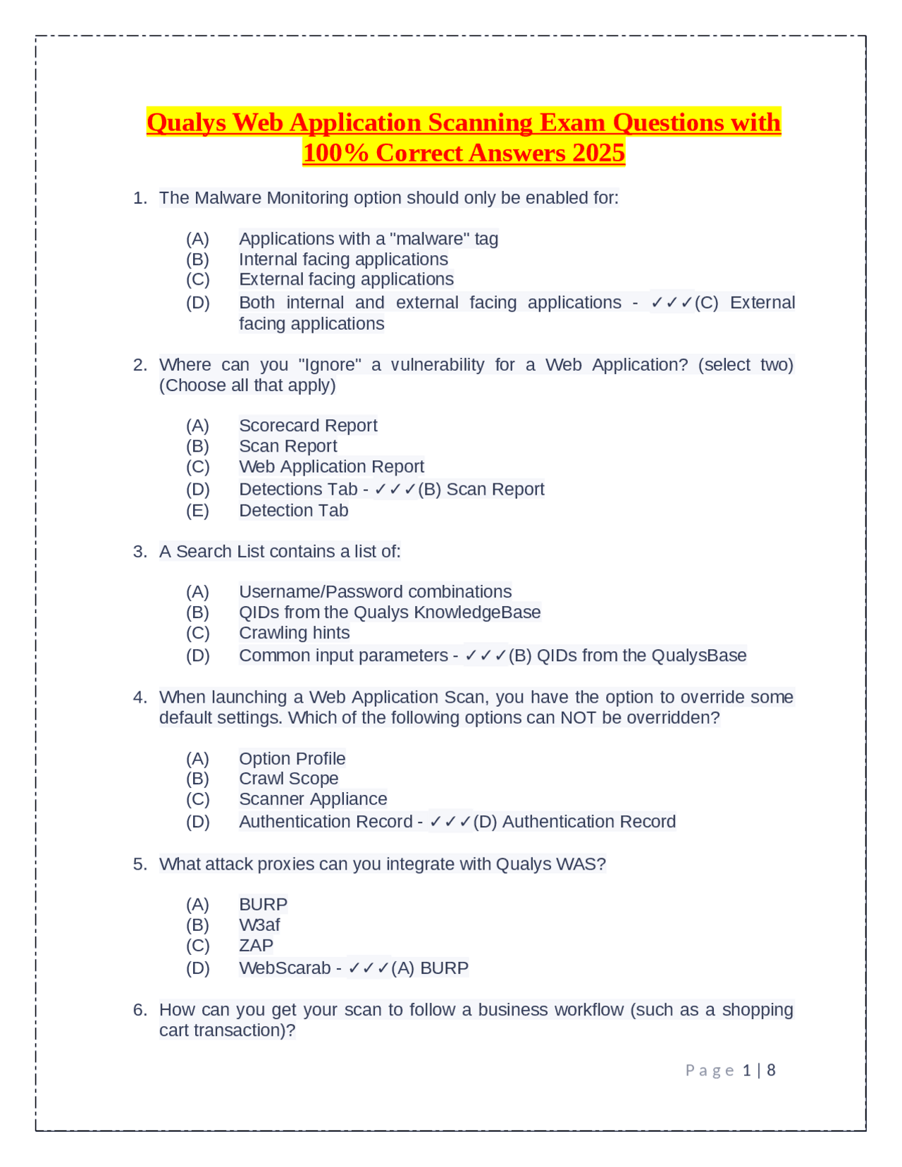 Exam Answer Script Scanning Machine Qualys Web Application Scanning Exam Questions with 100% Correct ...