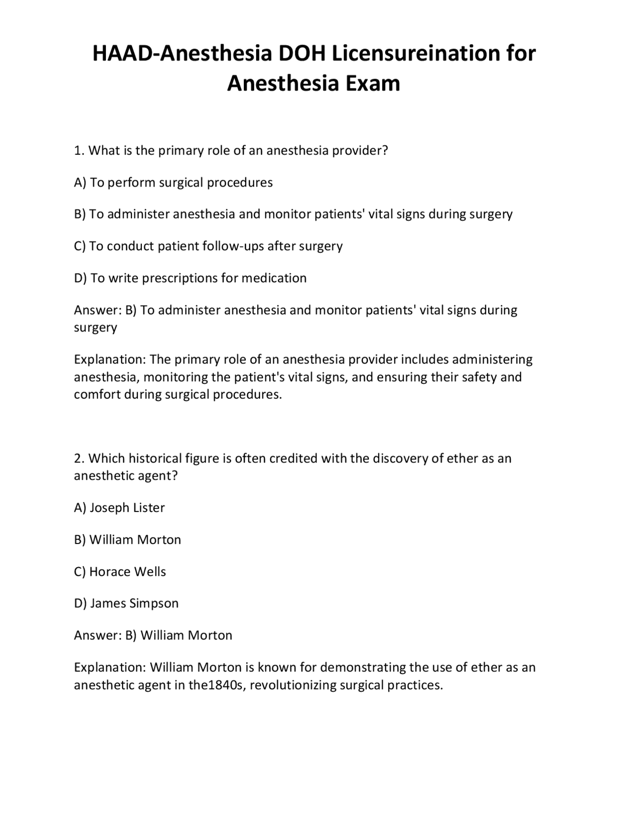 HAAD-Anesthesia DOH Licensureination for Anesthesia Exam | Exams ...