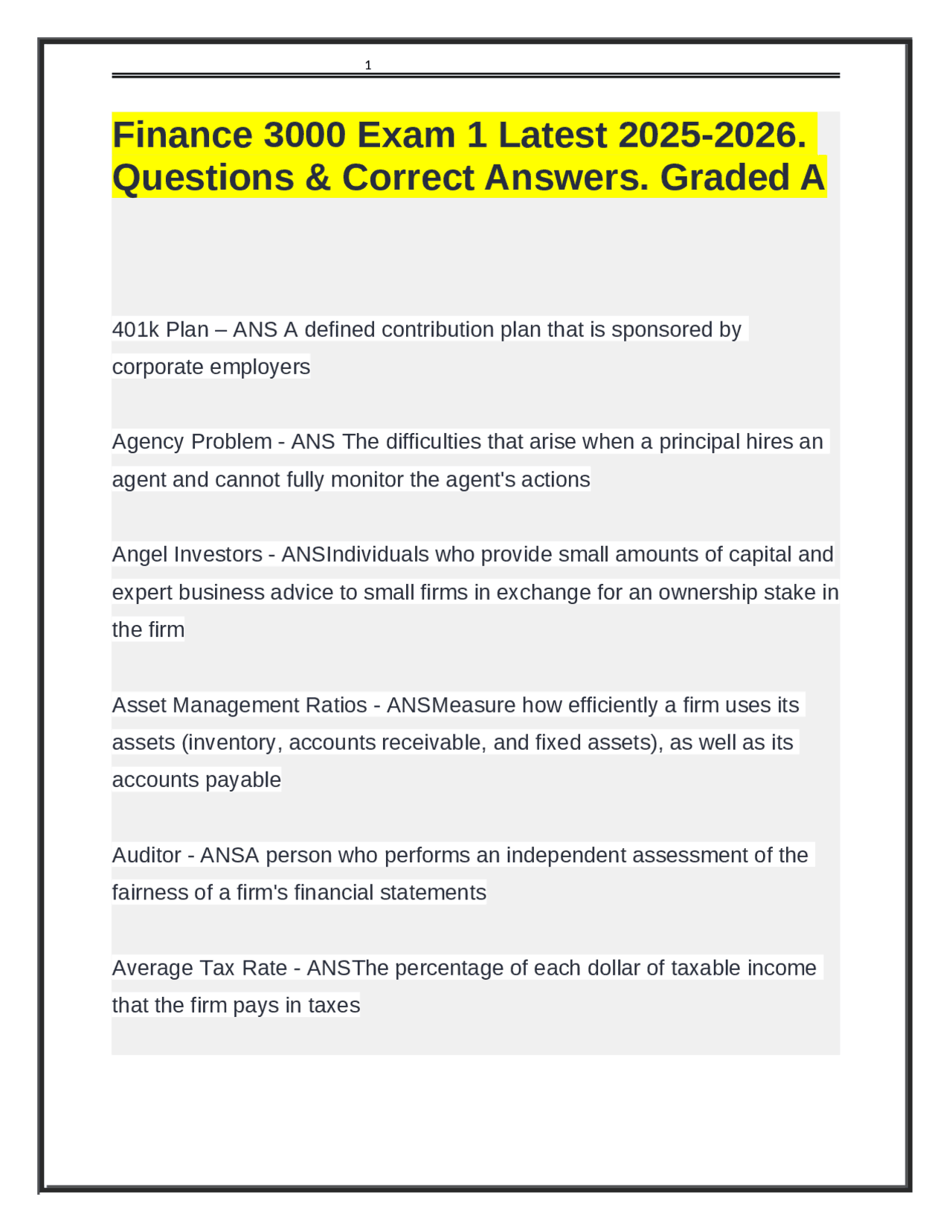 Finance 3000 Exam 1 Latest 2025-2026. Questions & Correct Answers ...
