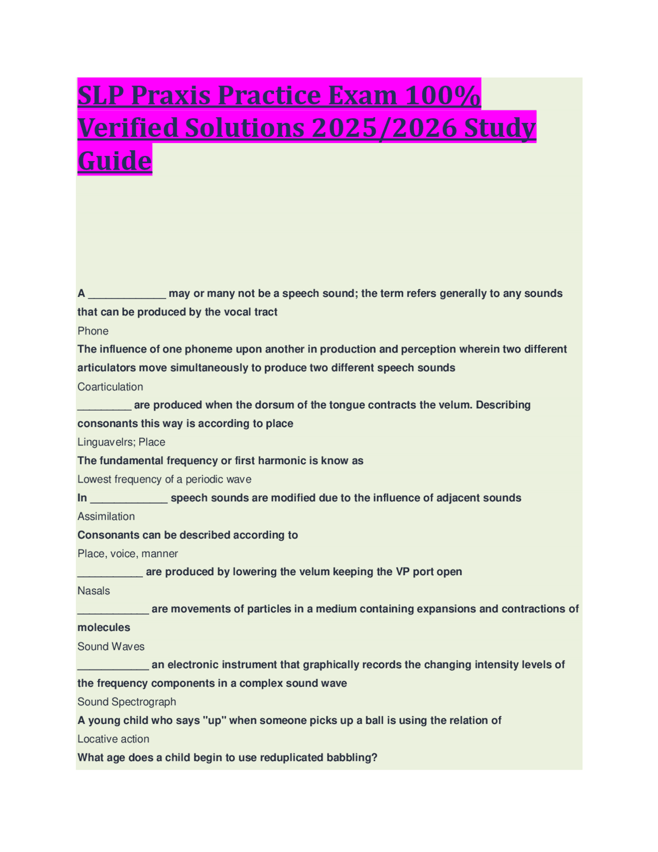 SLP Praxis Practice Exam 100% Verified Solutions 2025/2026 Study Guide ...