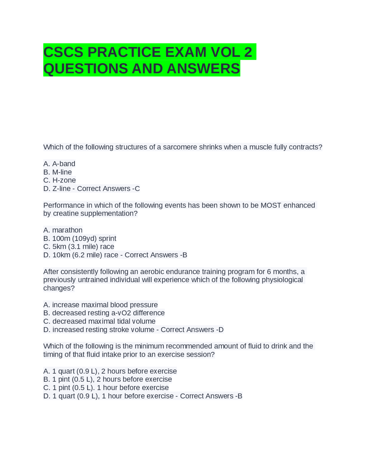 Csca Example Questions CSCS PRACTICE EXAM VOL 2 QUESTIONS AND ANSWERS | GRADED A | Exams ...