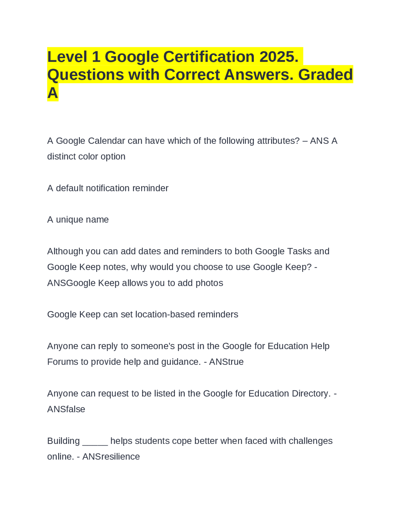 Level 1 Google Certification 2025. Questions with Correct Answers ...