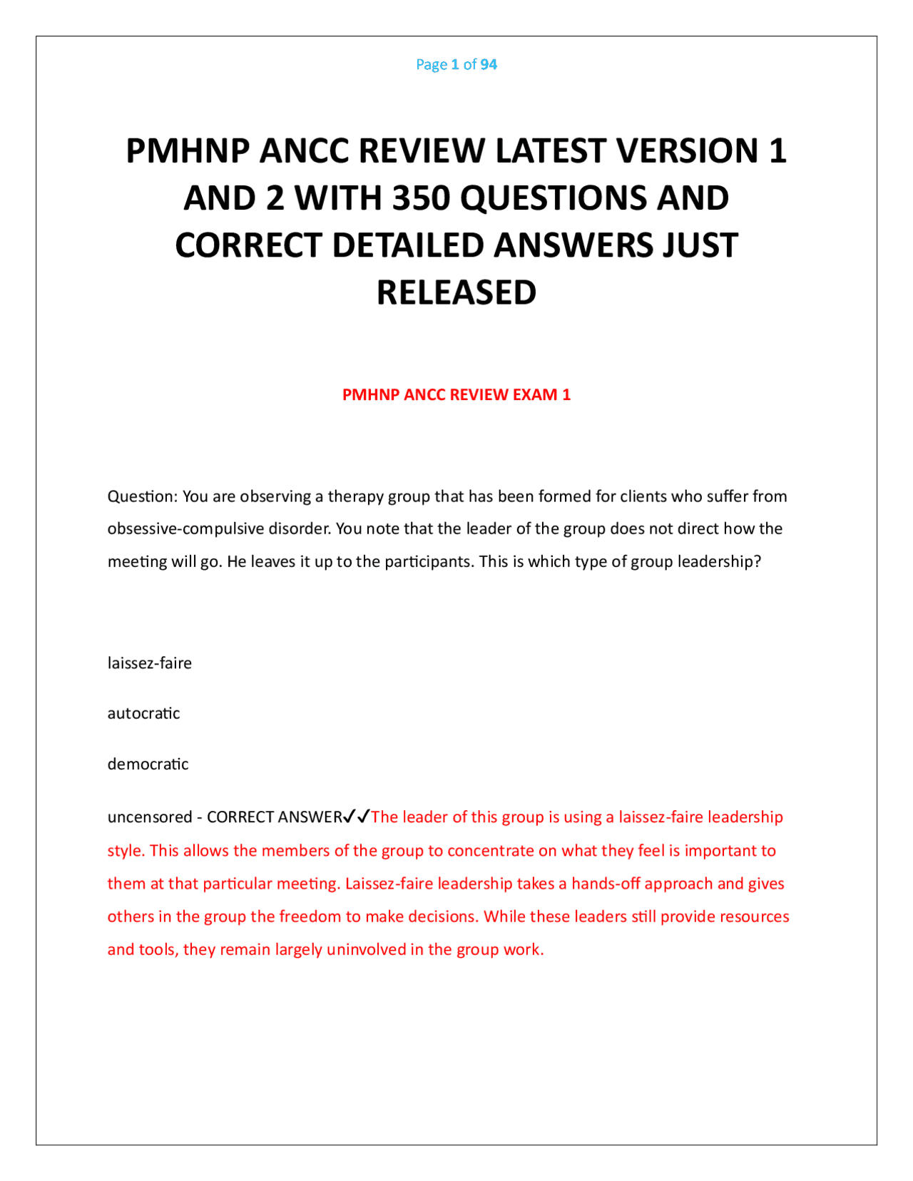 PMHNP ANCC Review Exam Questions and Answers | Exams Medicine | Docsity