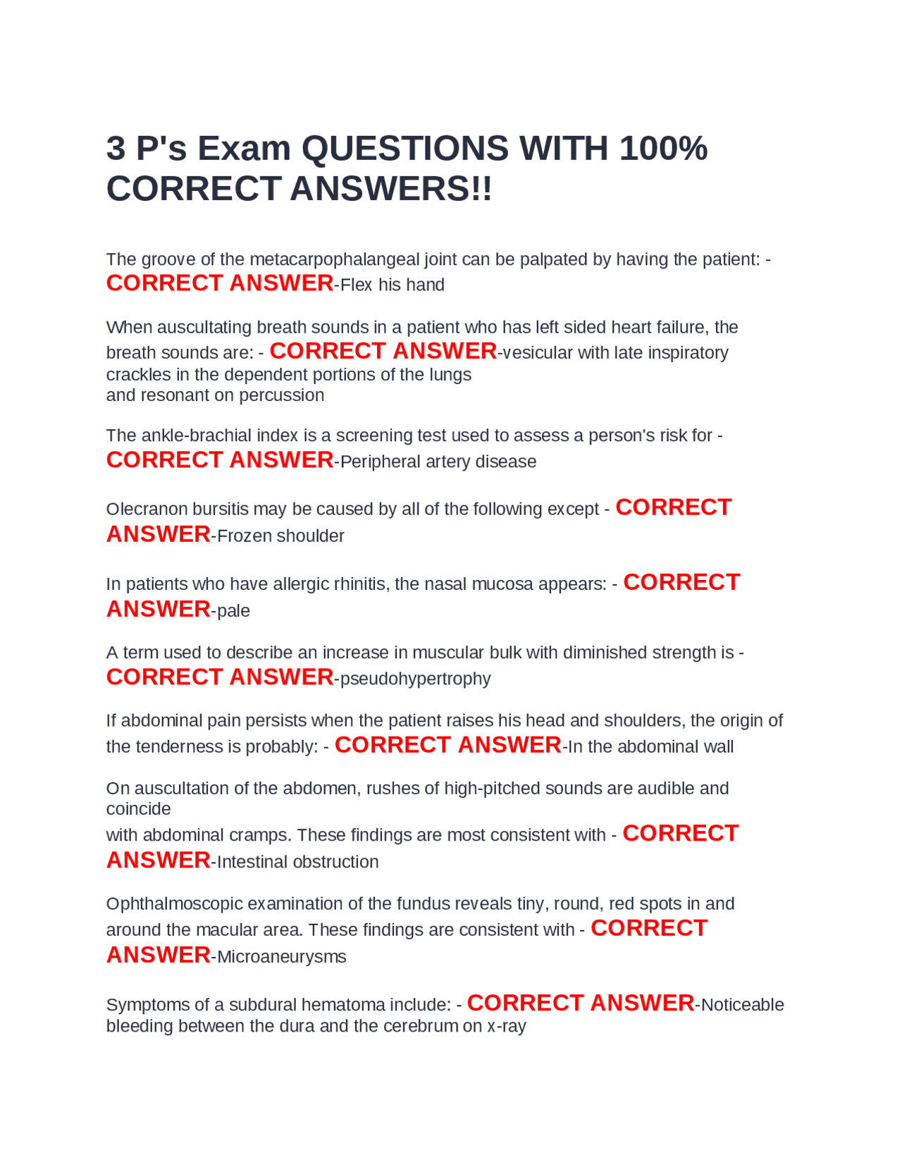3 P's Exam QUESTIONS WITH 100% CORRECT ANSWERS!! | Exams Nursing | Docsity