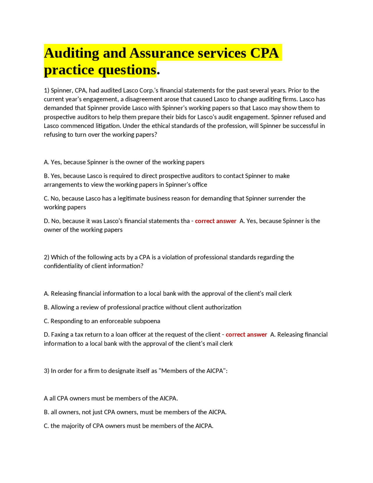 CPA Auditing and Assurance Services Practice Questions | Exams Science ...