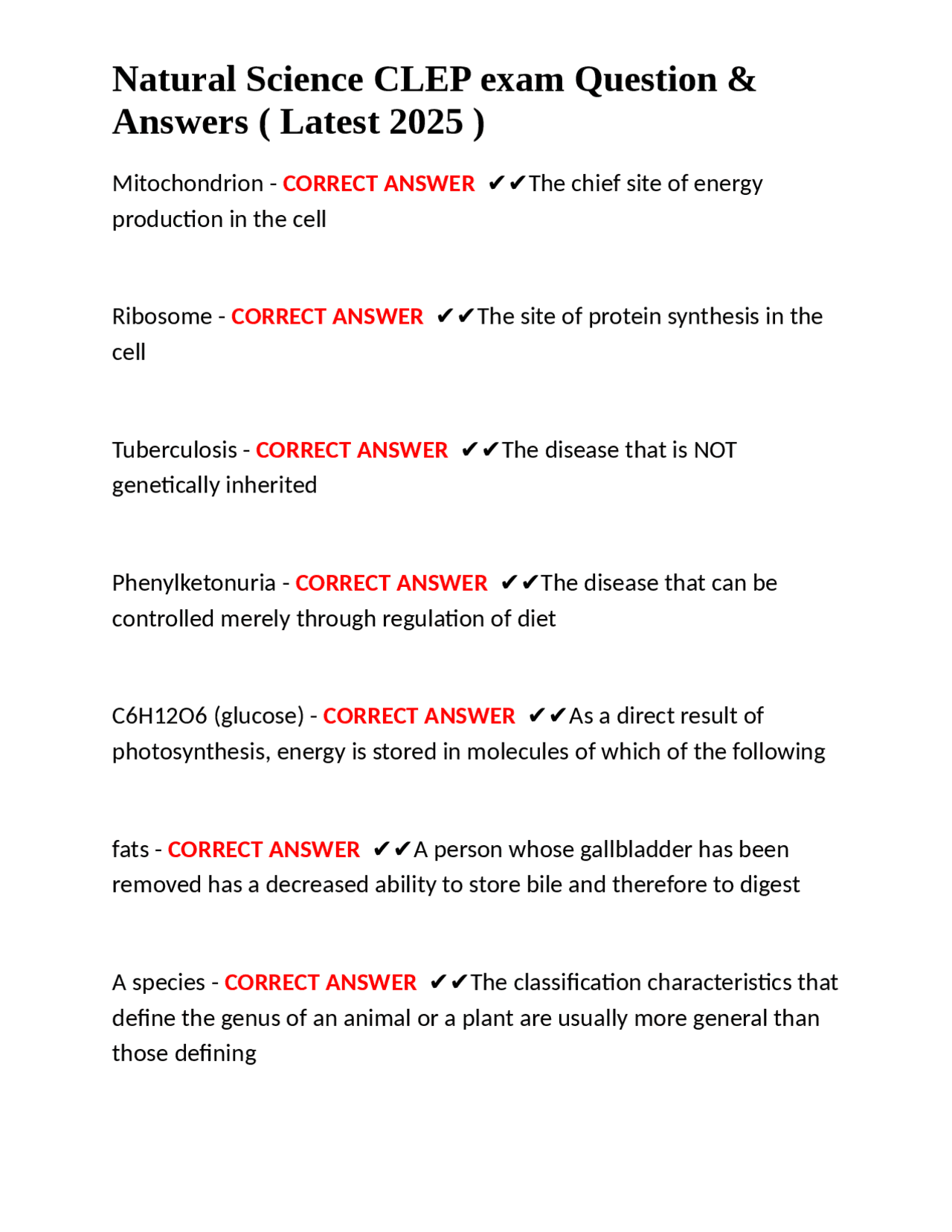 Natural Science CLEP exam Question & Answers ( Latest 2025