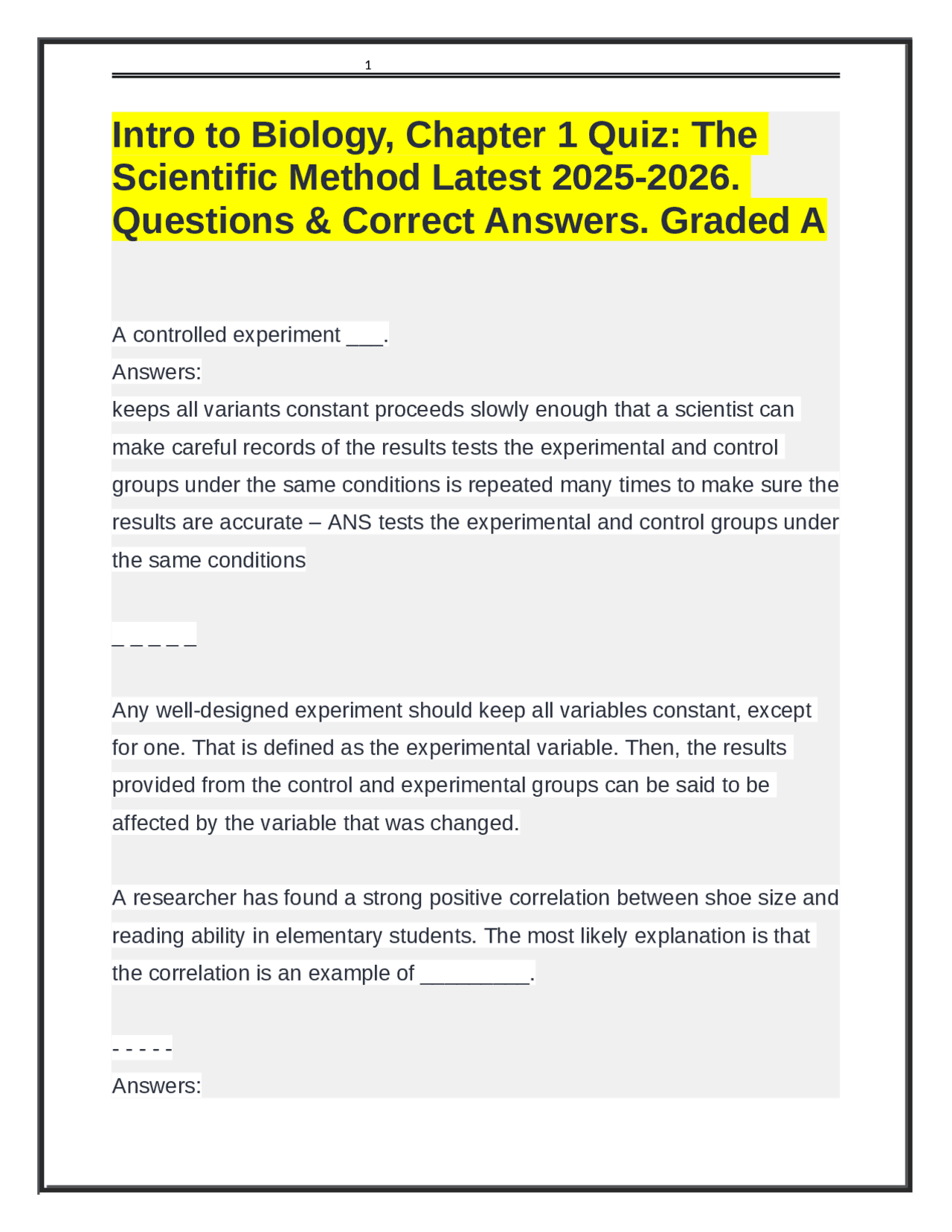 Intro to Biology: Quiz on the Scientific Method | Exams Biology | Docsity