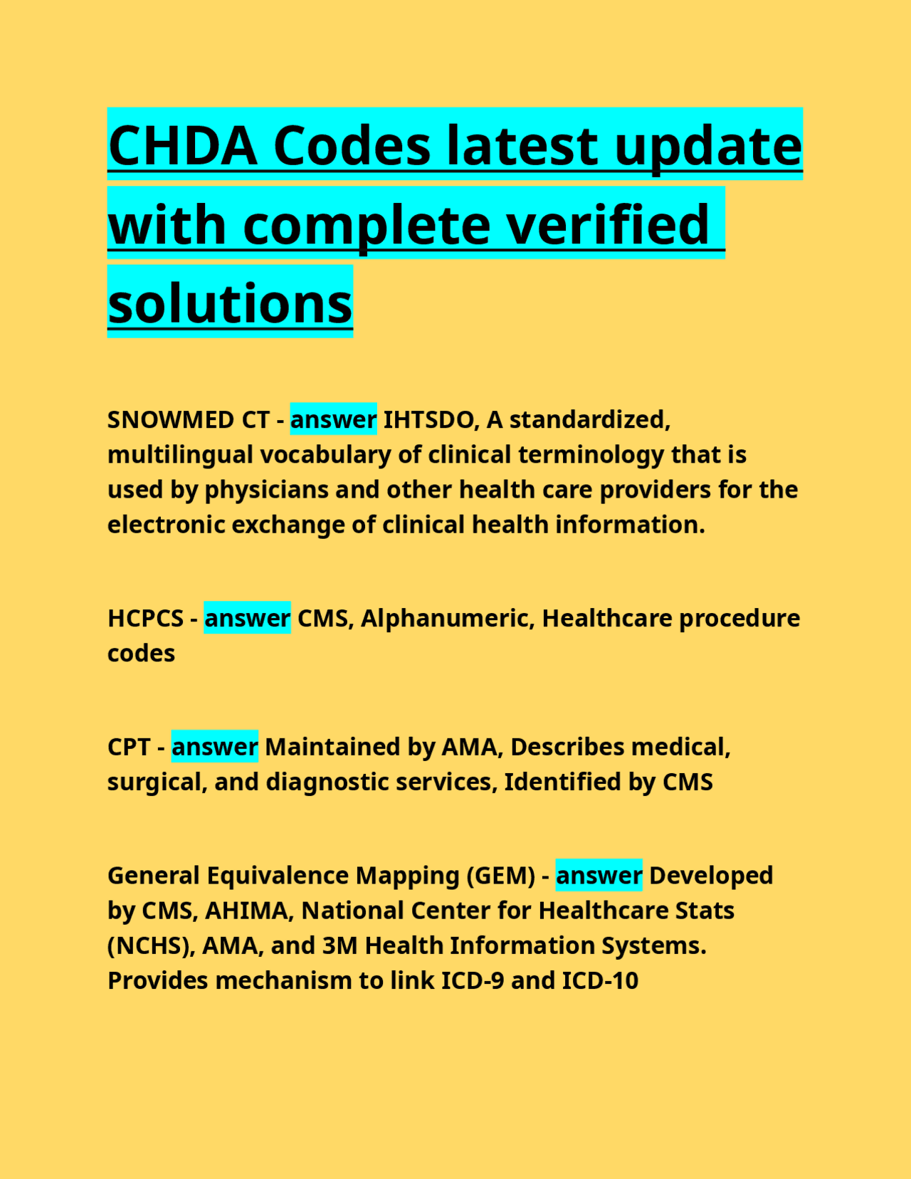 CHDA Codes latest update with complete verified solutions.docx | Exams ...