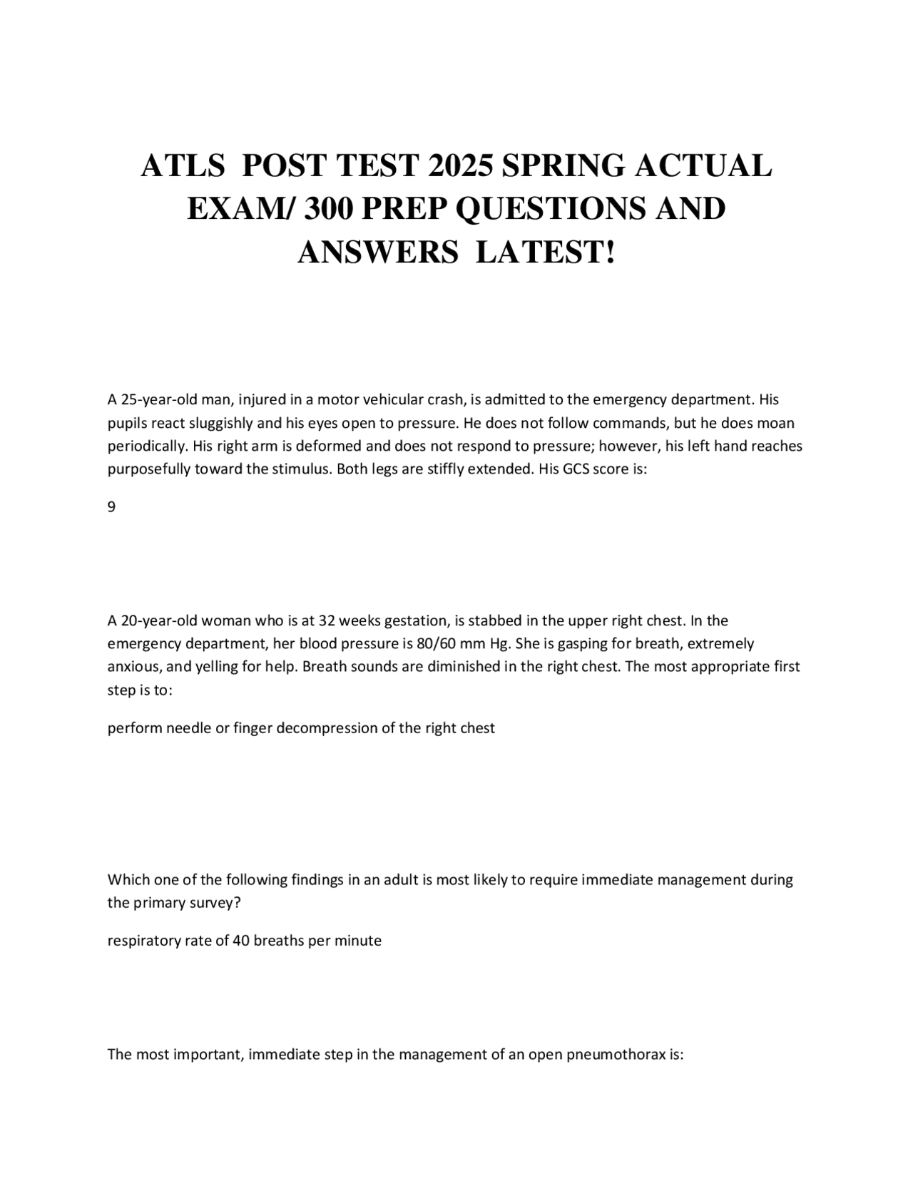 ATLS POST TEST 2025 SPRING ACTUAL EXAM/ 300 PREP QUESTIONS AND ANSWERS ...