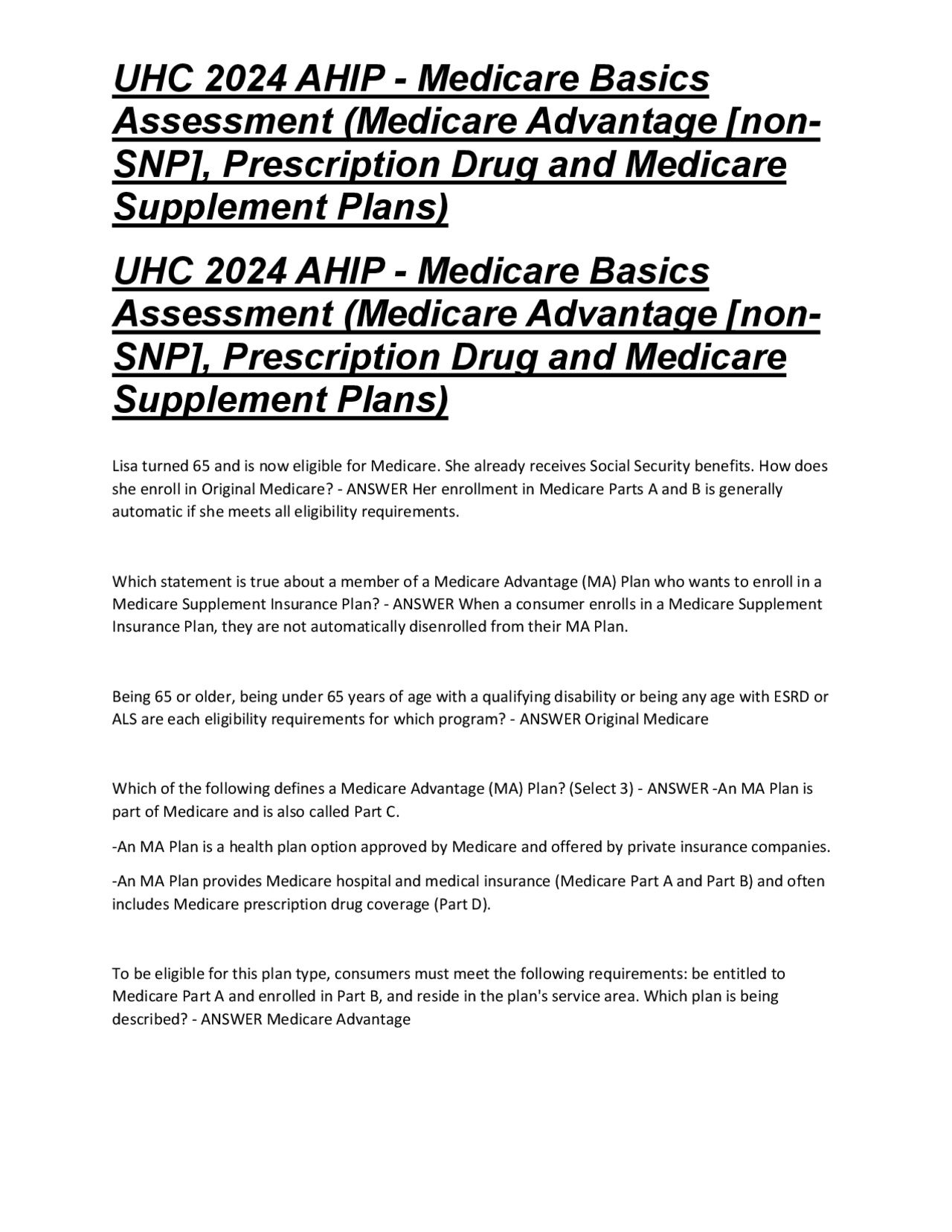 UHC 2024 AHIP - Medicare Basics Assessment (Medicare Advantage [non-SNP ...