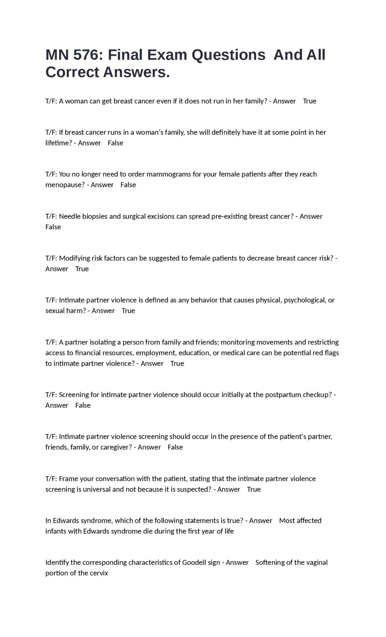 MN 576: Final Exam Questions And All Correct Answers. | Exams Nursing ...