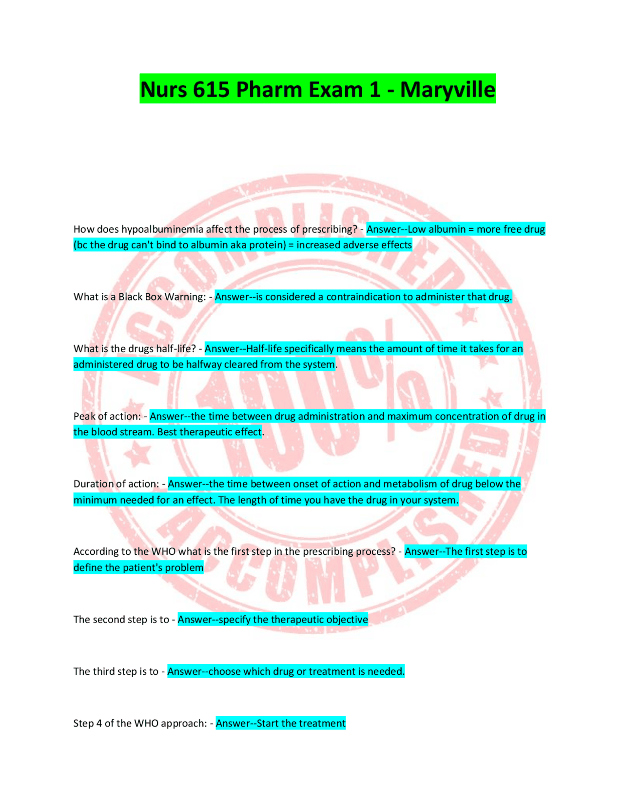Nurs 615 Pharm Exam 1 - Maryville | Exams Nursing | Docsity