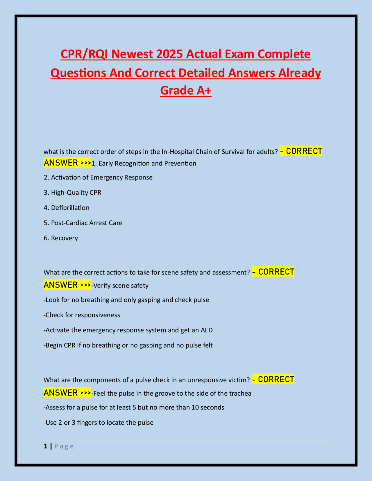 CPR/RQI Newest 2025 Actual Exam Complete Questions And Correct Detailed ...