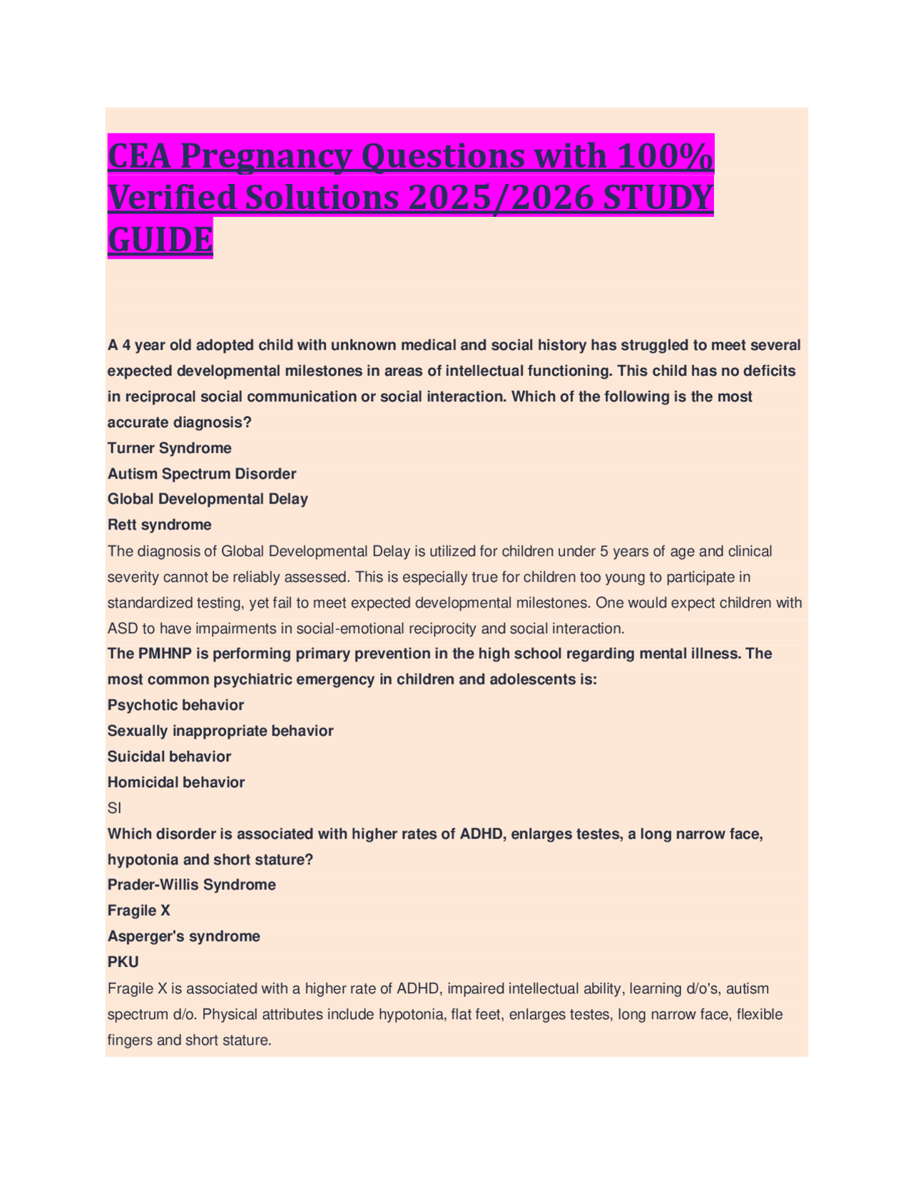 CEA Pregnancy Questions with 100% Verified Solutions 2025/2026 STUDY ...