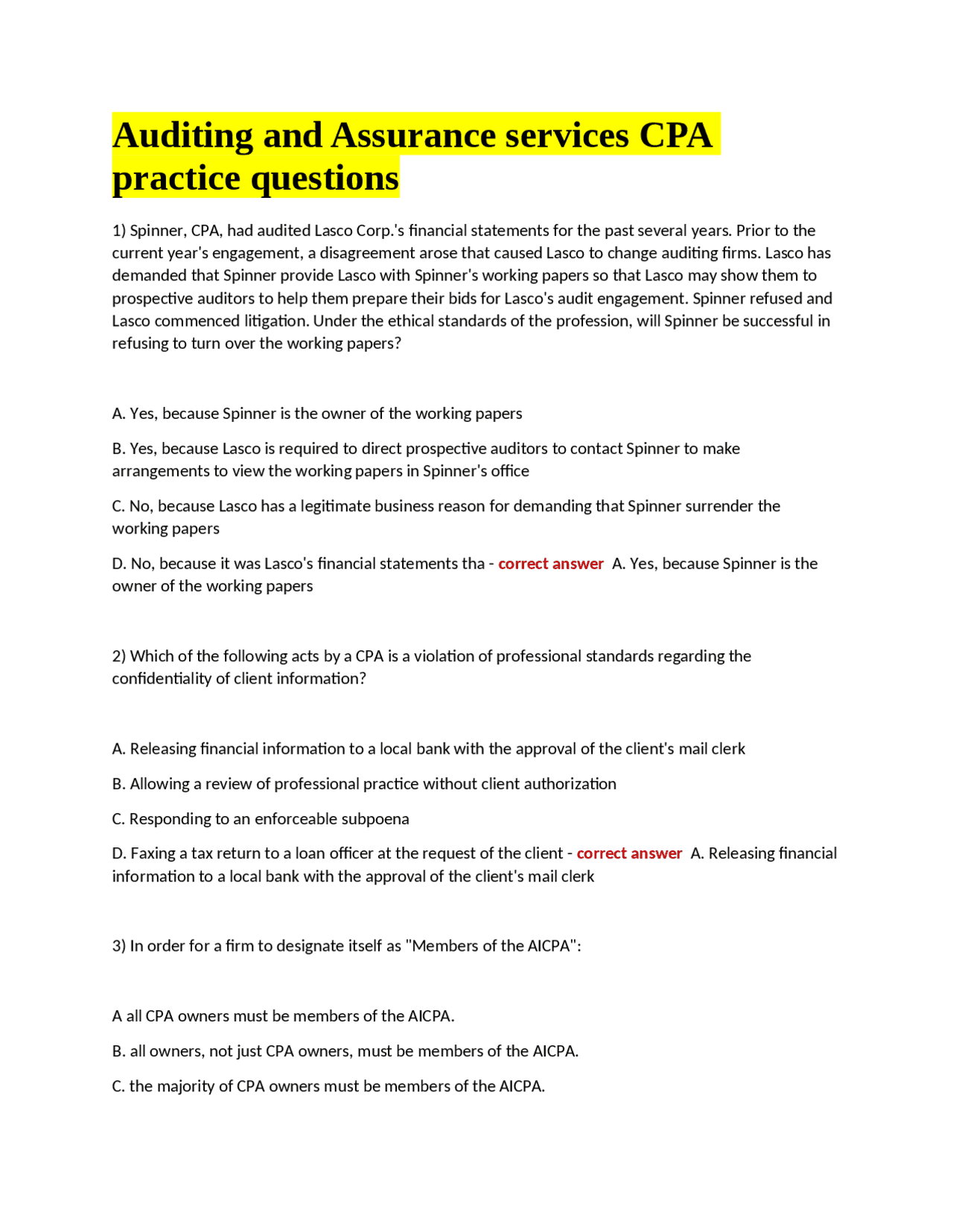 CPA Auditing and Assurance Services Practice Questions | Exams Science ...