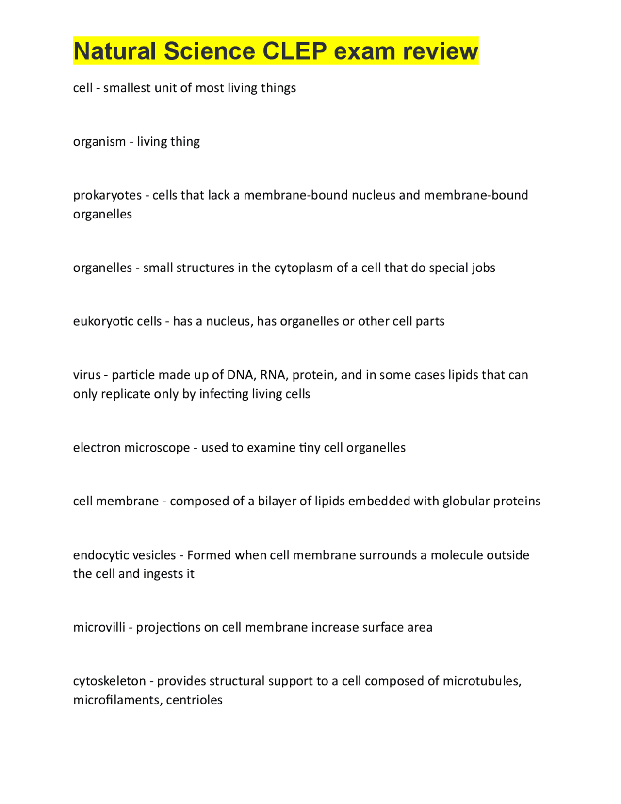 Natural Science CLEP exam review Exams Natural Science Docsity