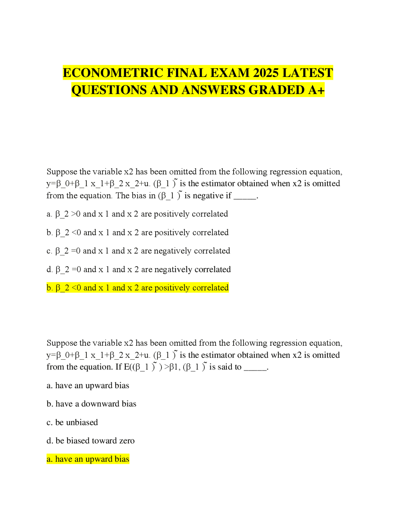ECONOMETRIC FINAL EXAM 2025 LATEST QUESTIONS AND ANSWERS GRADED A+ ...