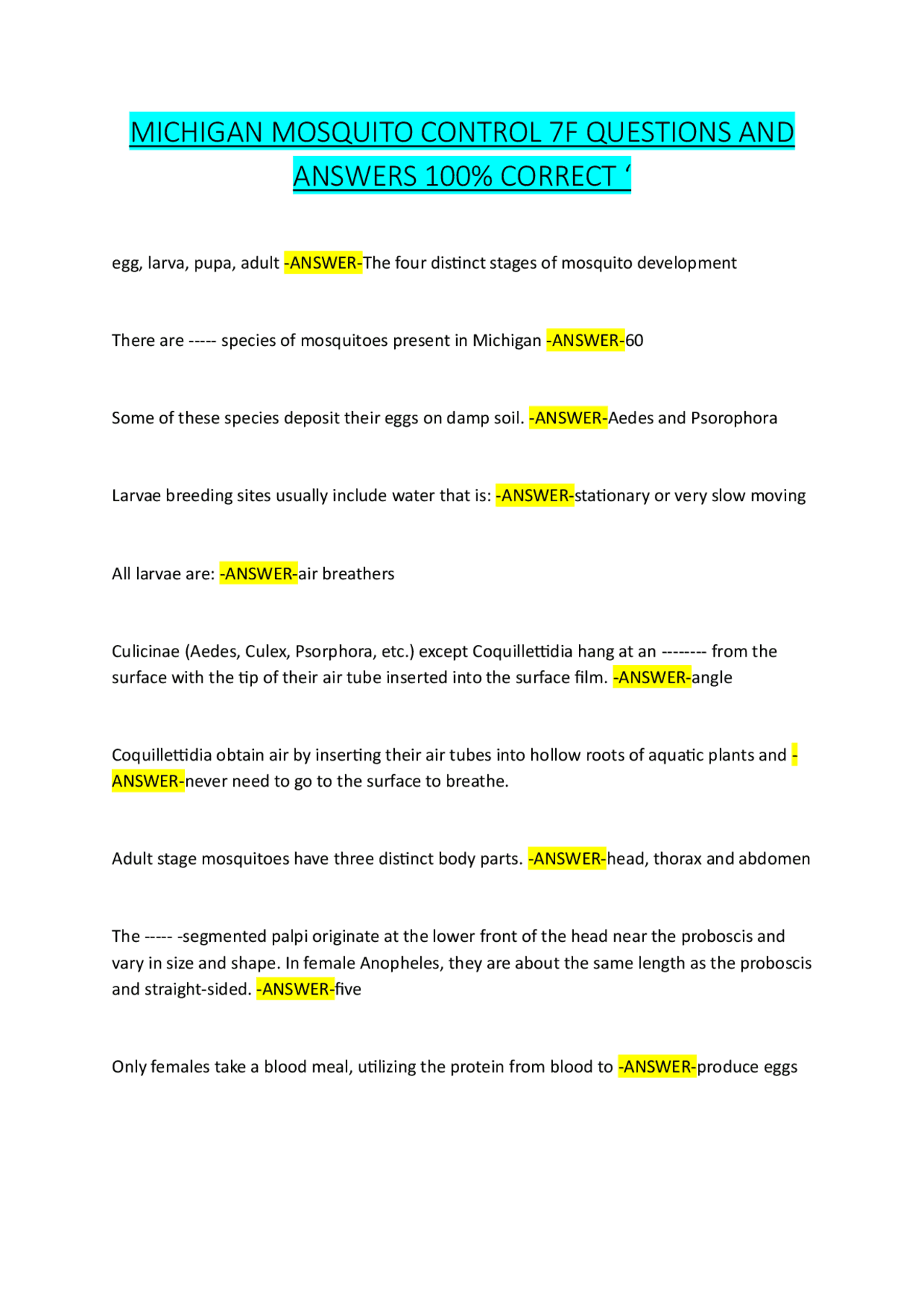 MICHIGAN MOSQUITO CONTROL 7F QUESTIONS AND ANSWERS 100% CORRECT | Exams ...