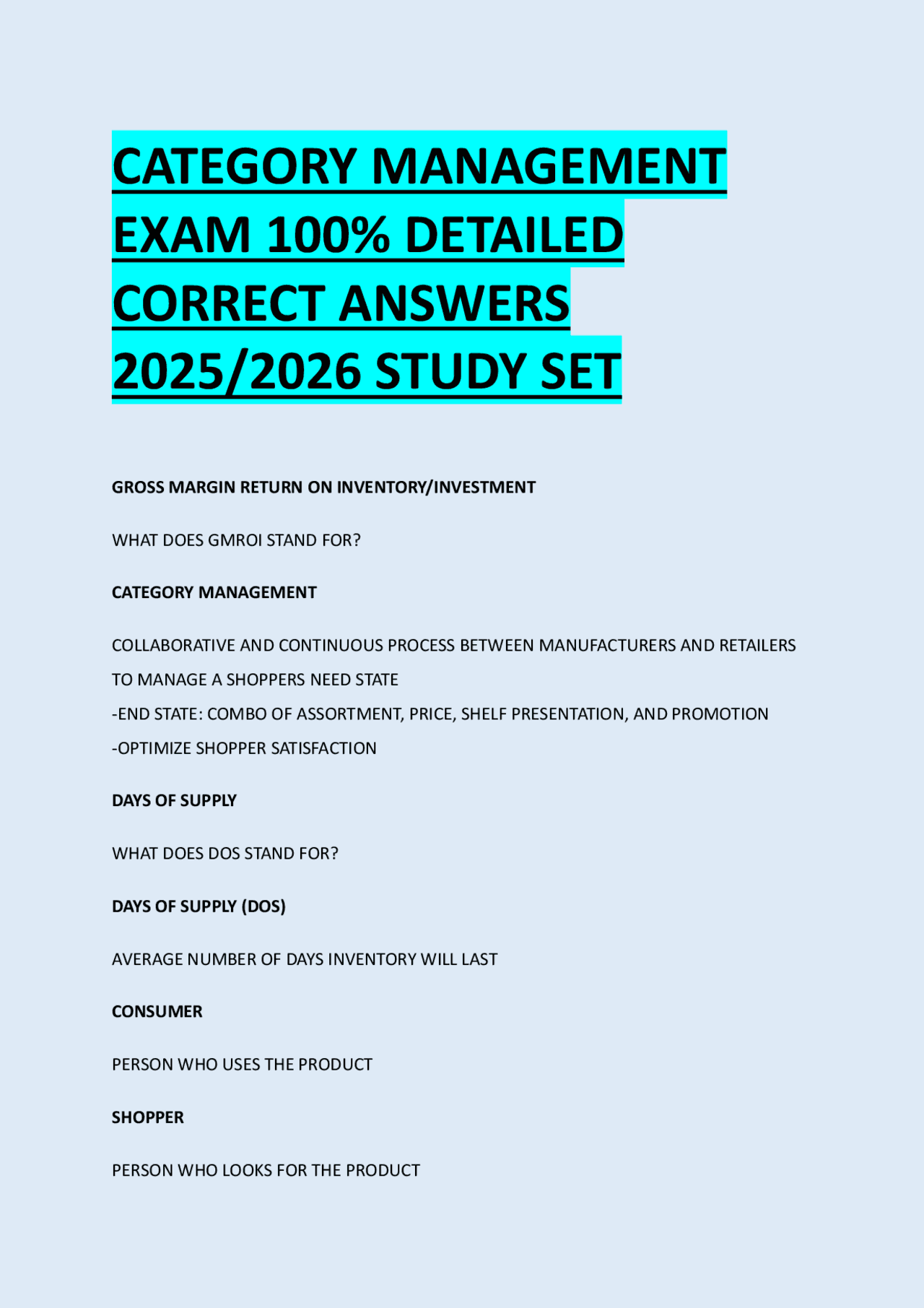 CATEGORY MANAGEMENT EXAM 100% DETAILED CORRECT ANSWERS 2025/2026 STUDY ...