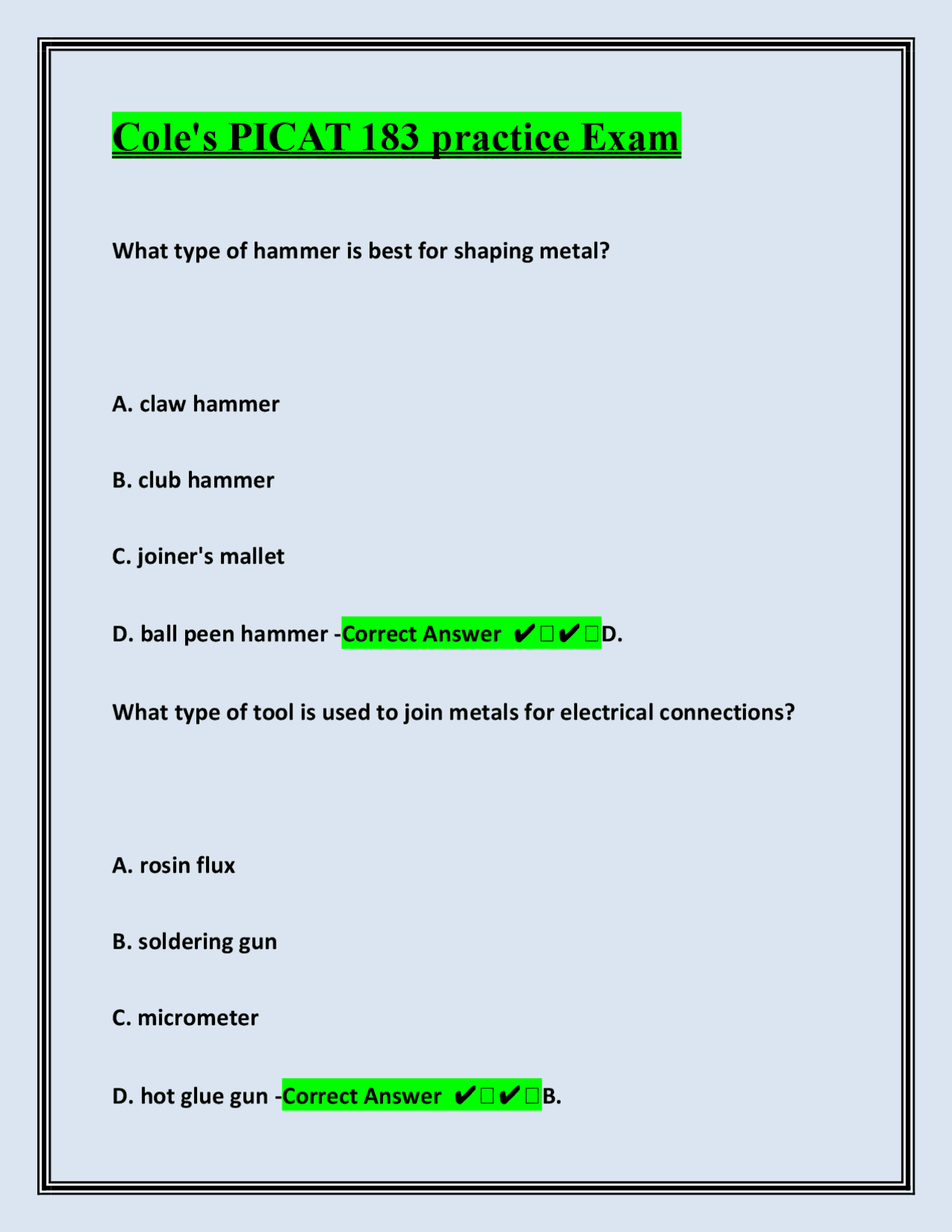 Cole's PICAT 183 Practice Exam: Physics, Math, and Verbal Reasoning ...