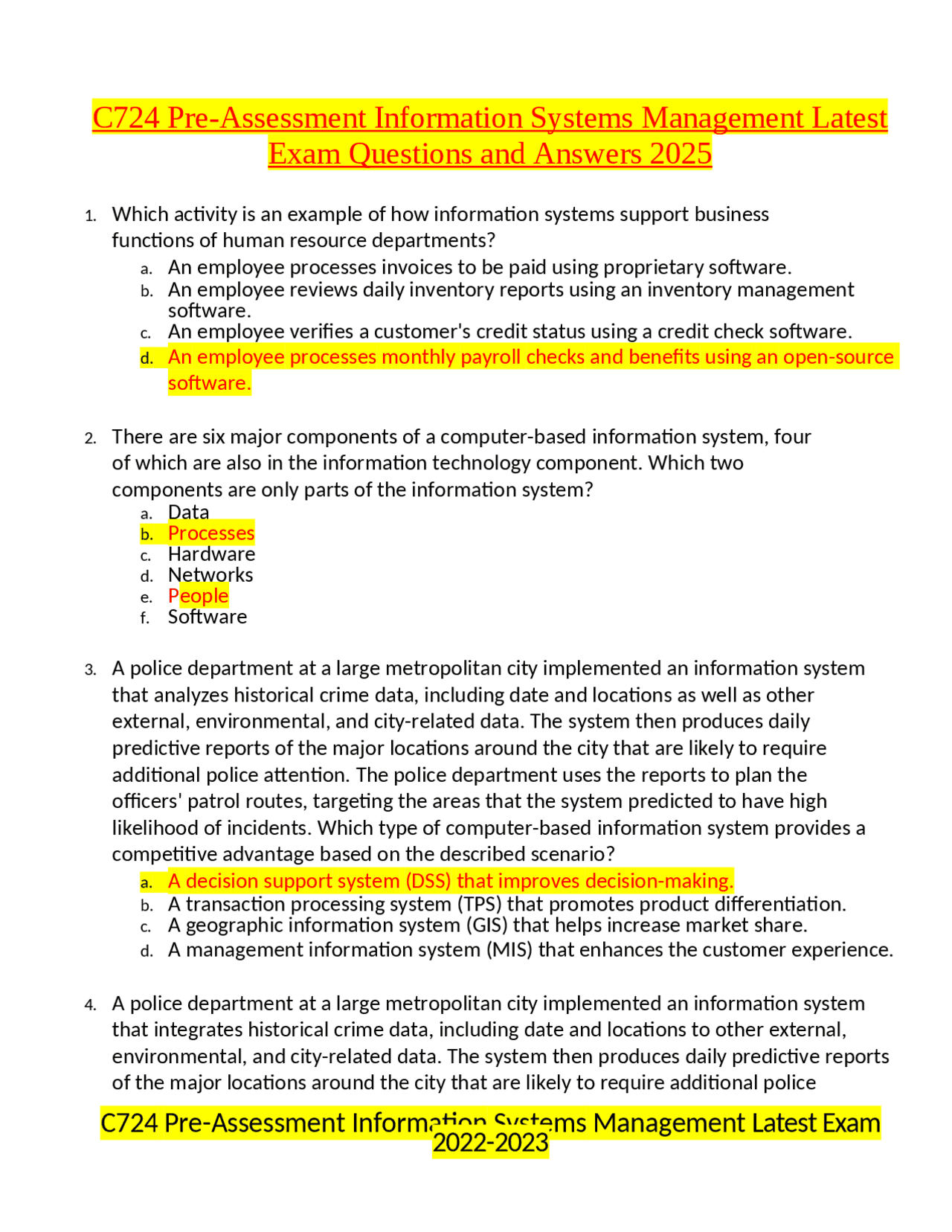 C724 Pre-Assessment Information Systems Management Latest Exam ...