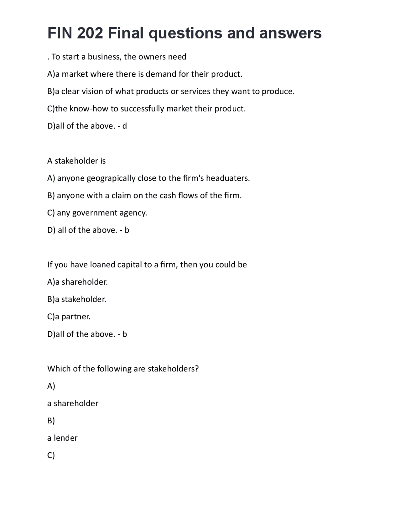 FIN 202 Final Exam Questions and Answers: A Comprehensive Review of Key ...