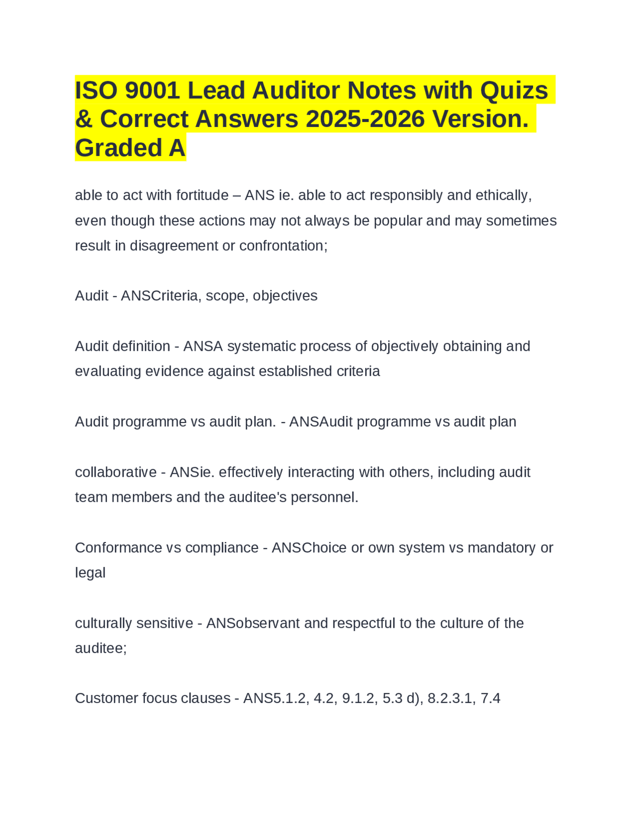 ISO 9001 Lead Auditor Notes with Quizs & Correct Answers 2025-2026 ...