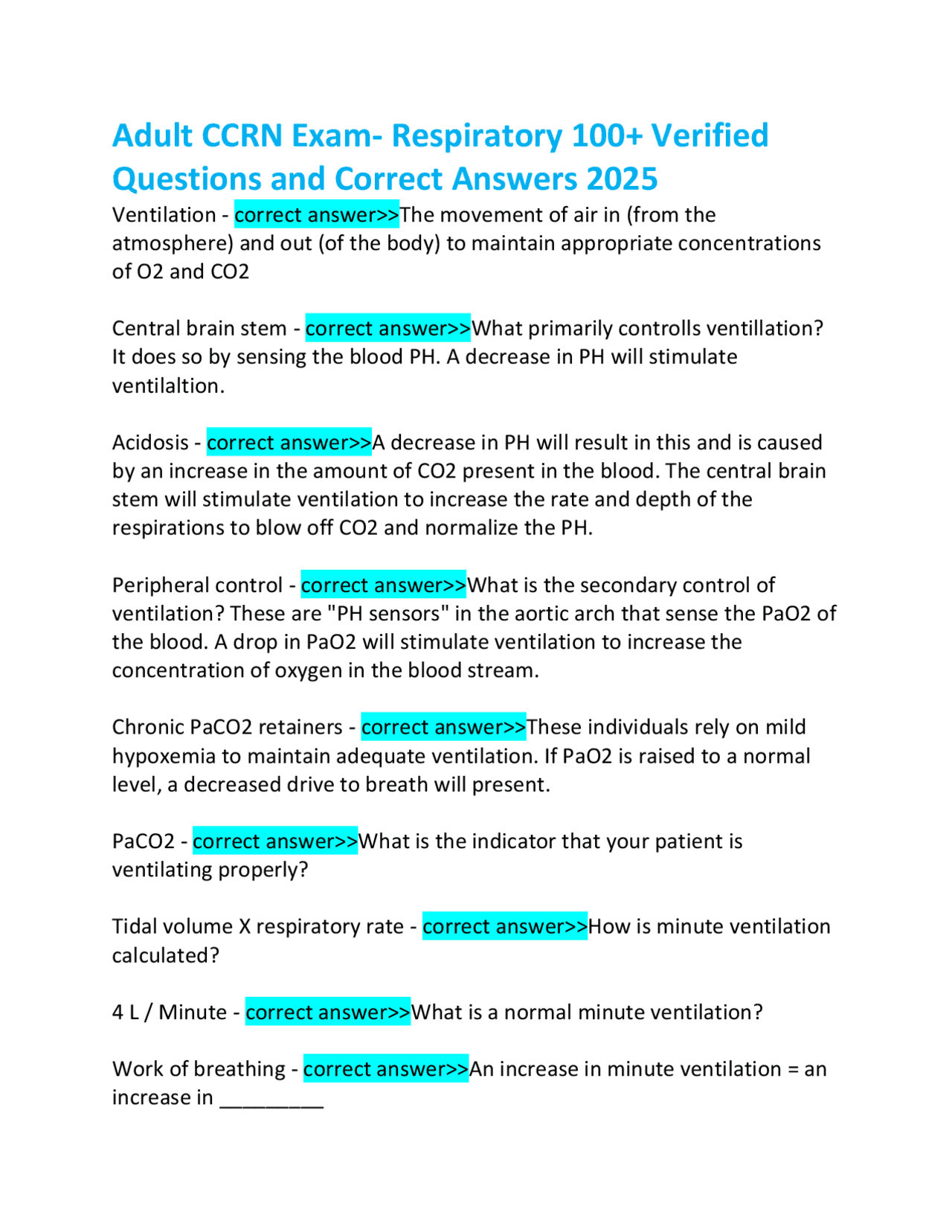 Ccrn Test Sections Adult CCRN Exam- Respiratory 100+ Verified Questions and Correct ...
