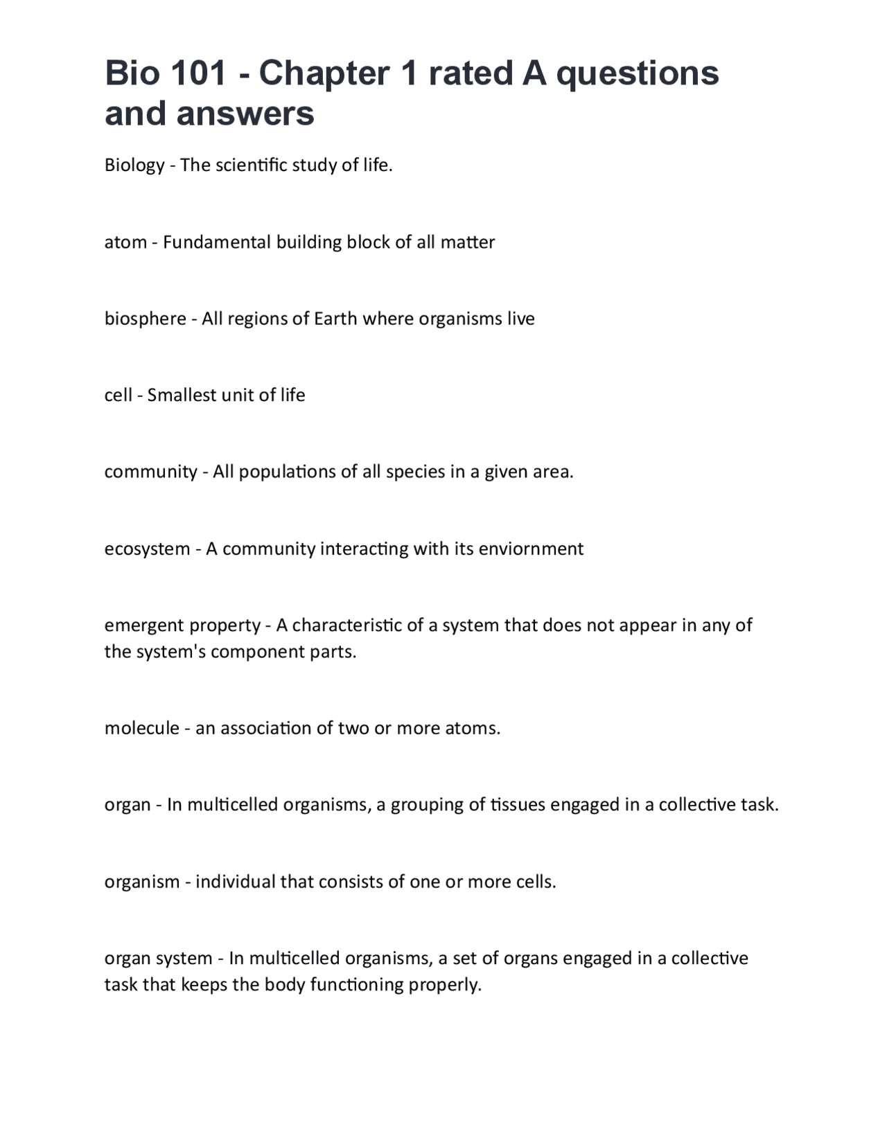Bio 101 Chapter 1: Introduction to Biology - Definitions, Questions ...