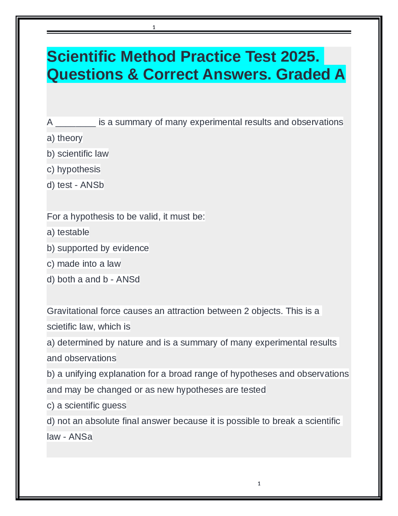 Scientific Method Practice Test 2025. Questions & Correct Answers ...