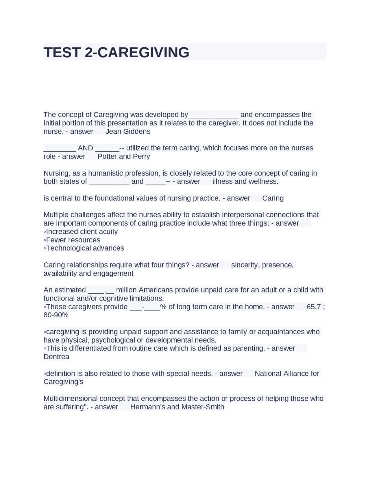 TEST 2-CAREGIVING QUESTIONS AND ANSWERS FULLY SOLVED | Exams Advanced ...