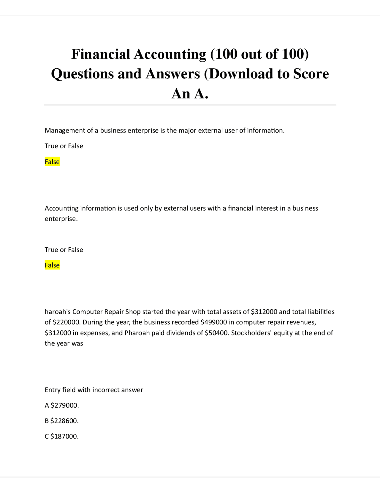 Financial Accounting Multiple Choice Questions and Answers | Exercises ...